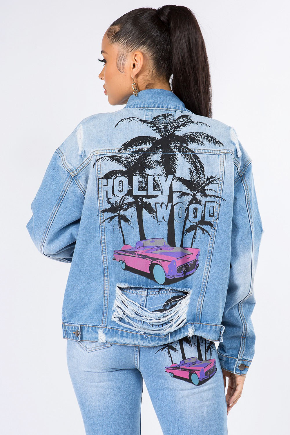 American Bazi Graphic Distressed Long Sleeve Denim Jacket-TOPS / DRESSES-[Adult]-[Female]-2022 Online Blue Zone Planet