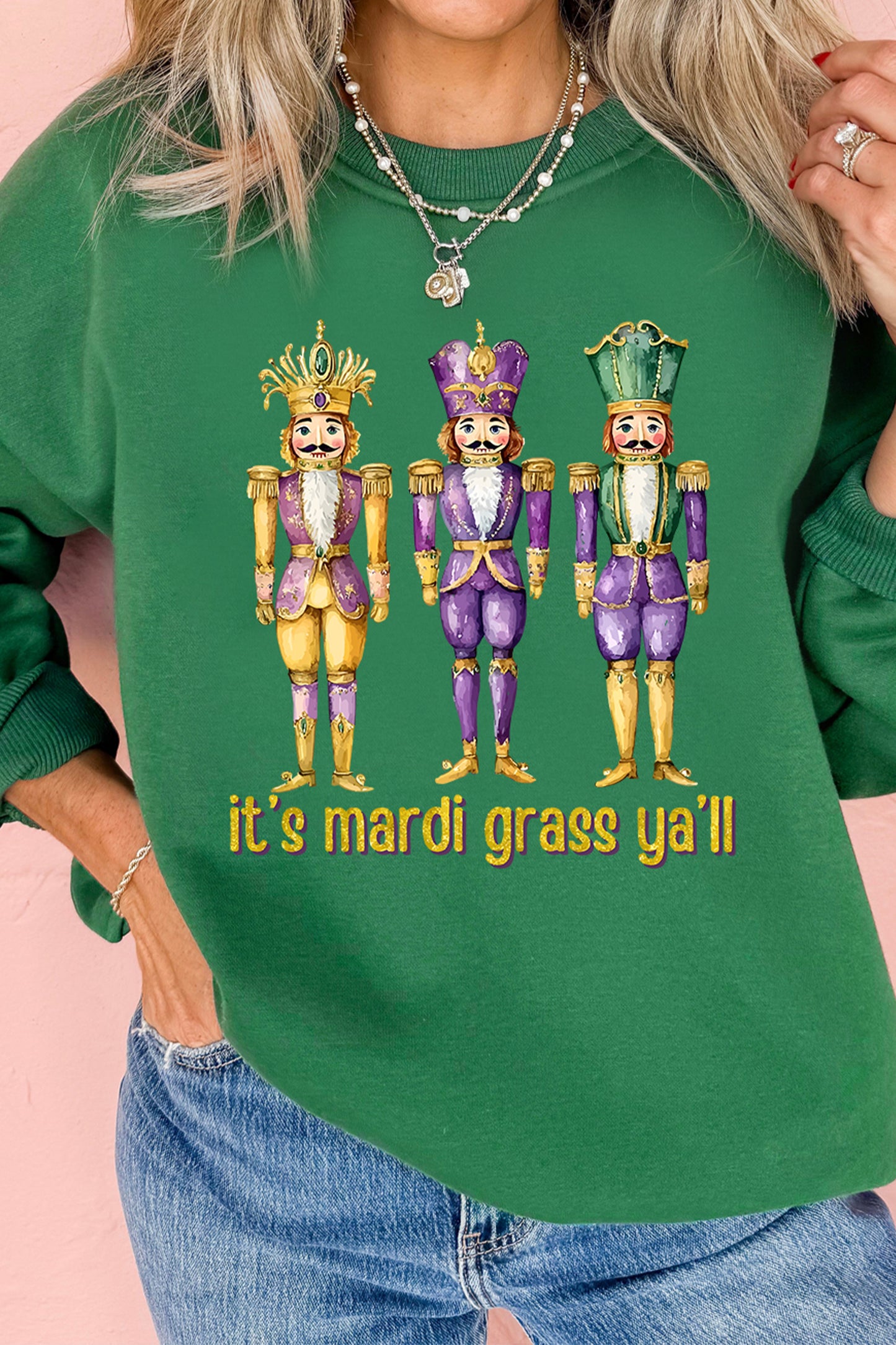 Dark Green Mardi Gras Nutcracker Graphic Pullover Sweatshirt-Graphic Sweatshirts-[Adult]-[Female]-Dark Green-2XL-2022 Online Blue Zone Planet