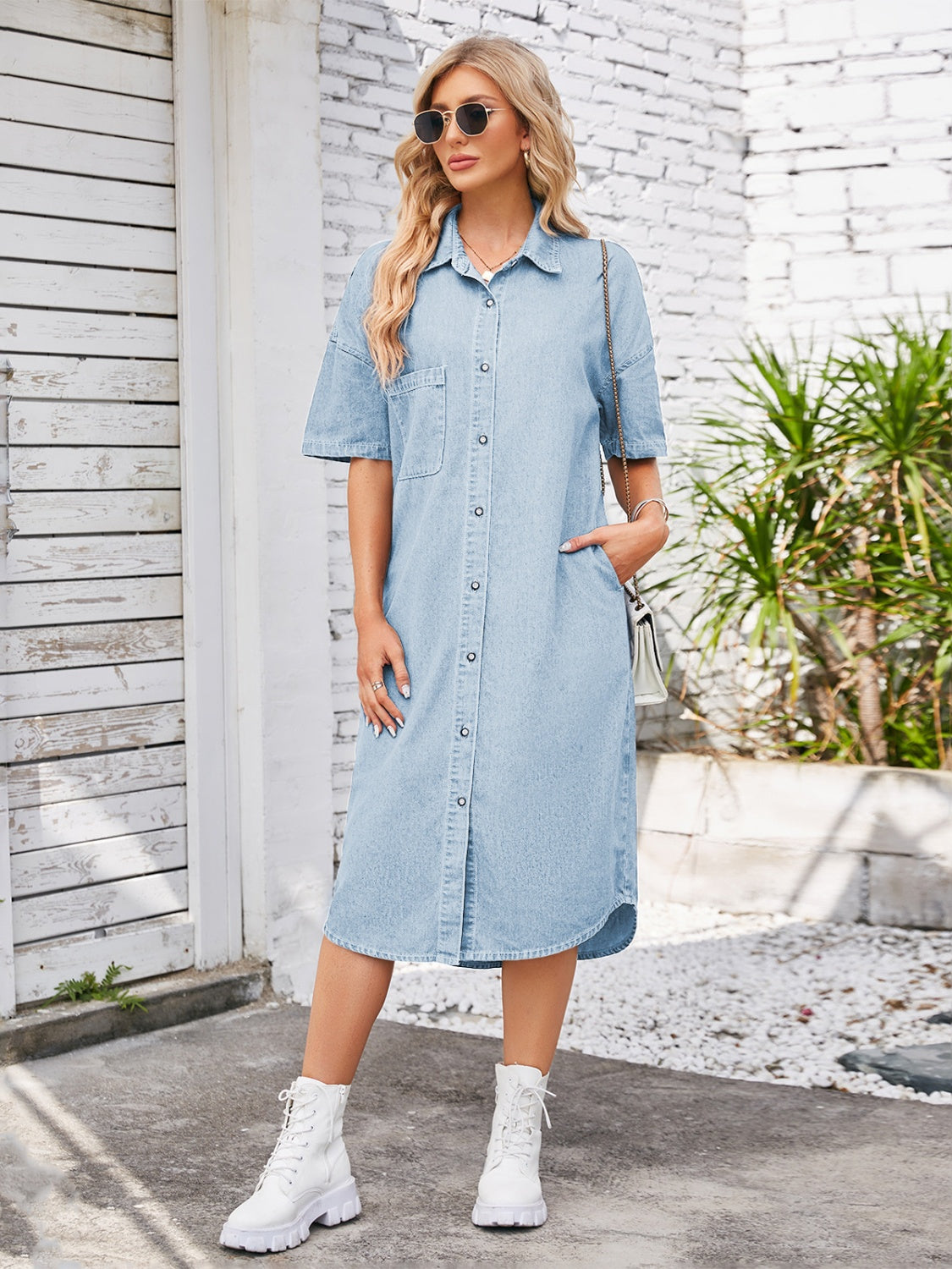 Button Up Dropped Shoulder Denim Dress-TOPS / DRESSES-[Adult]-[Female]-2022 Online Blue Zone Planet