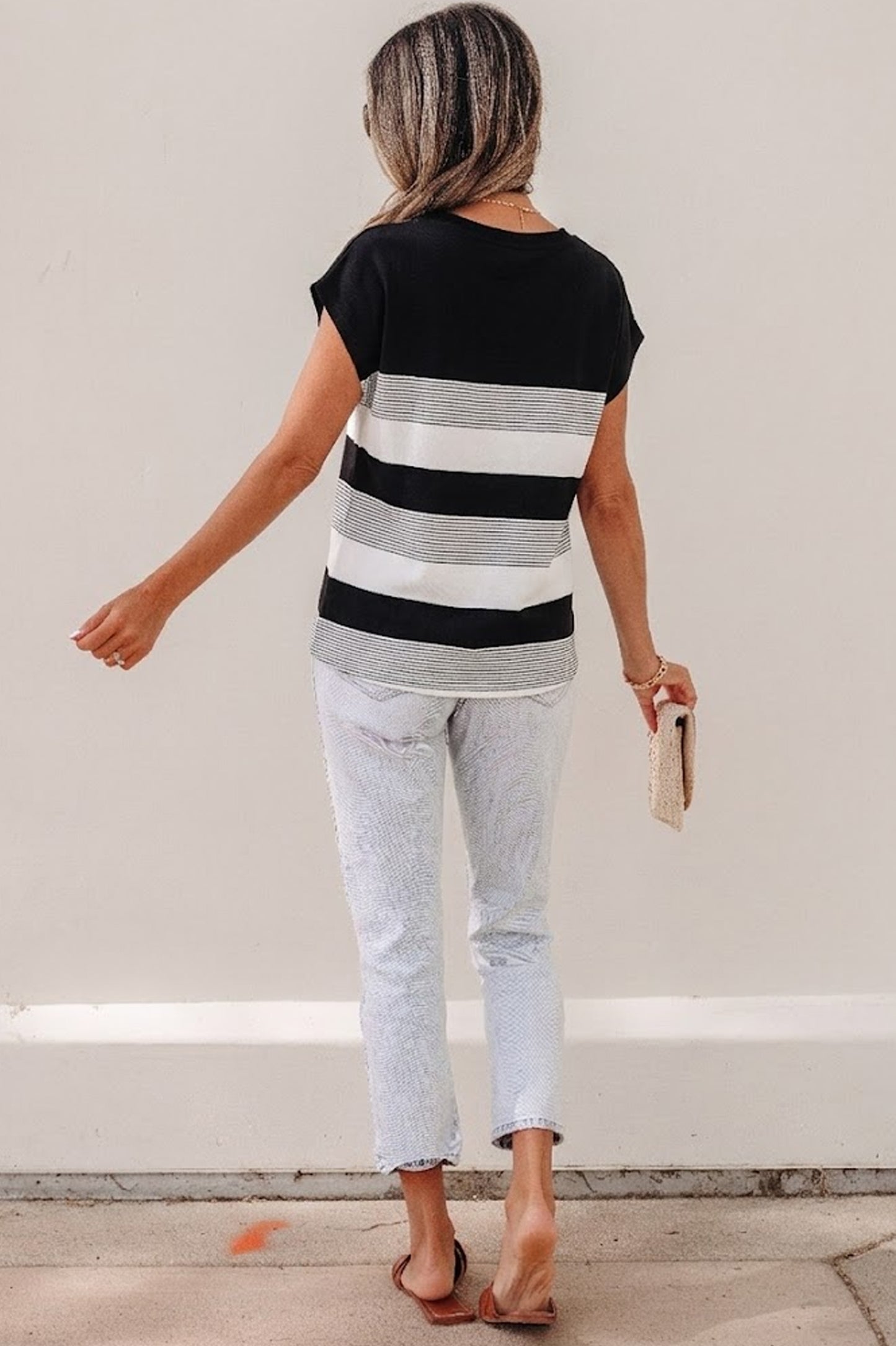 Black Stripe Mixed Print Crew Neck Cap Sleeve T Shirt-Tops/Tops & Tees-[Adult]-[Female]-2022 Online Blue Zone Planet