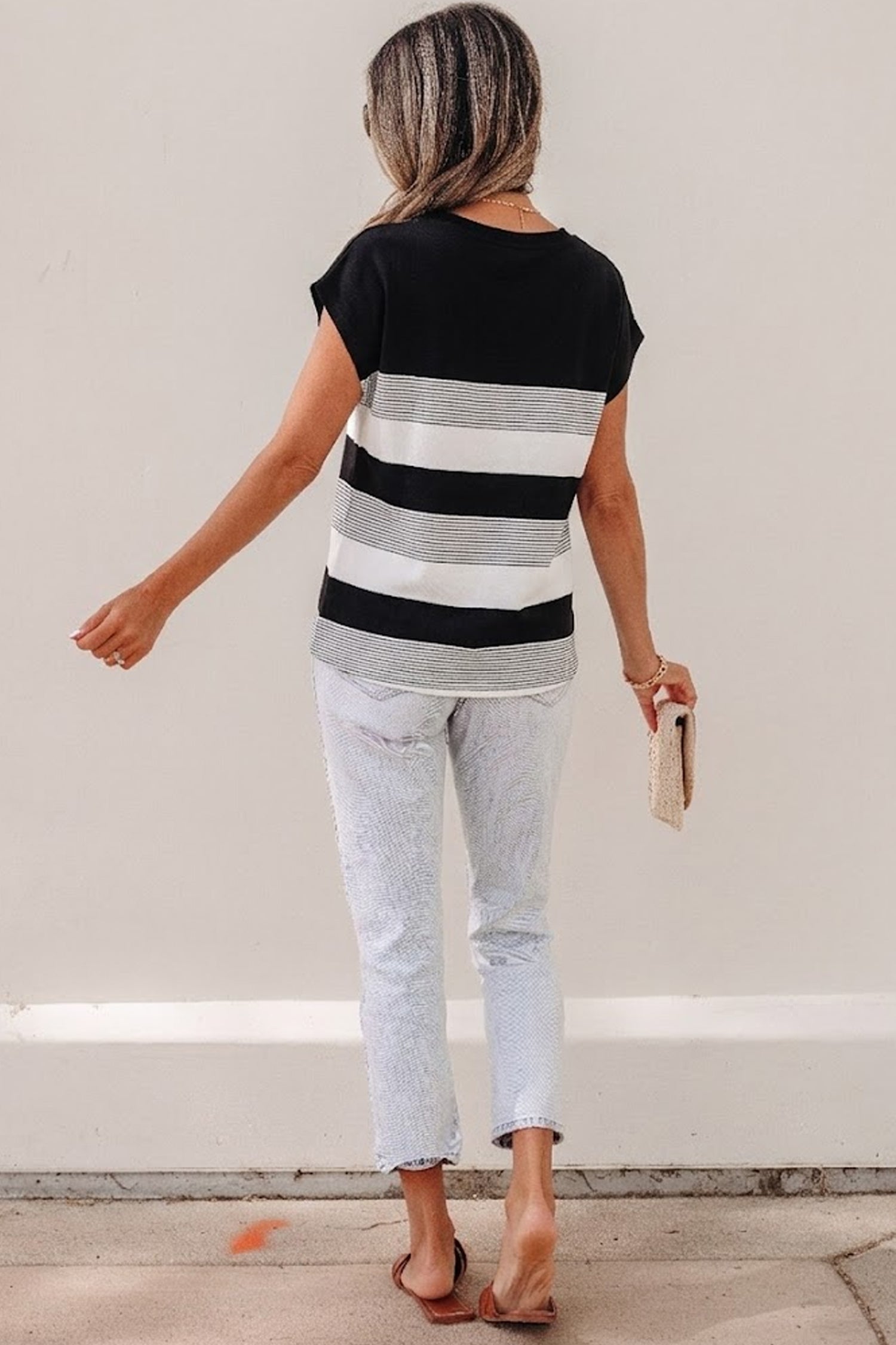Black Stripe Mixed Print Crew Neck Cap Sleeve T Shirt-Tops/Tops & Tees-[Adult]-[Female]-2022 Online Blue Zone Planet