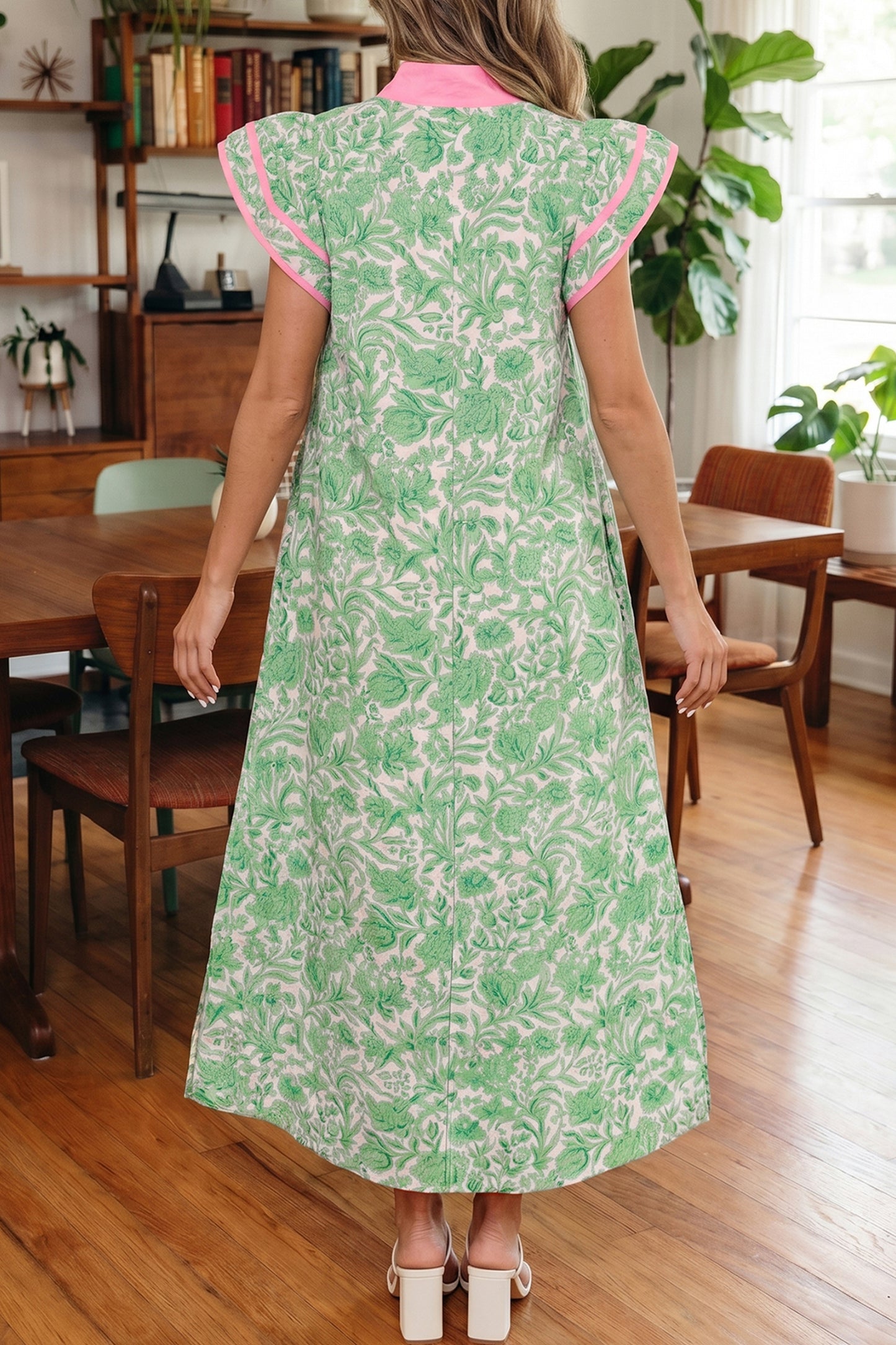 Pink Floral Print Color Block Patchwork V Neck Short Sleeve Midi Dress-TOPS / DRESSES-[Adult]-[Female]-2022 Online Blue Zone Planet