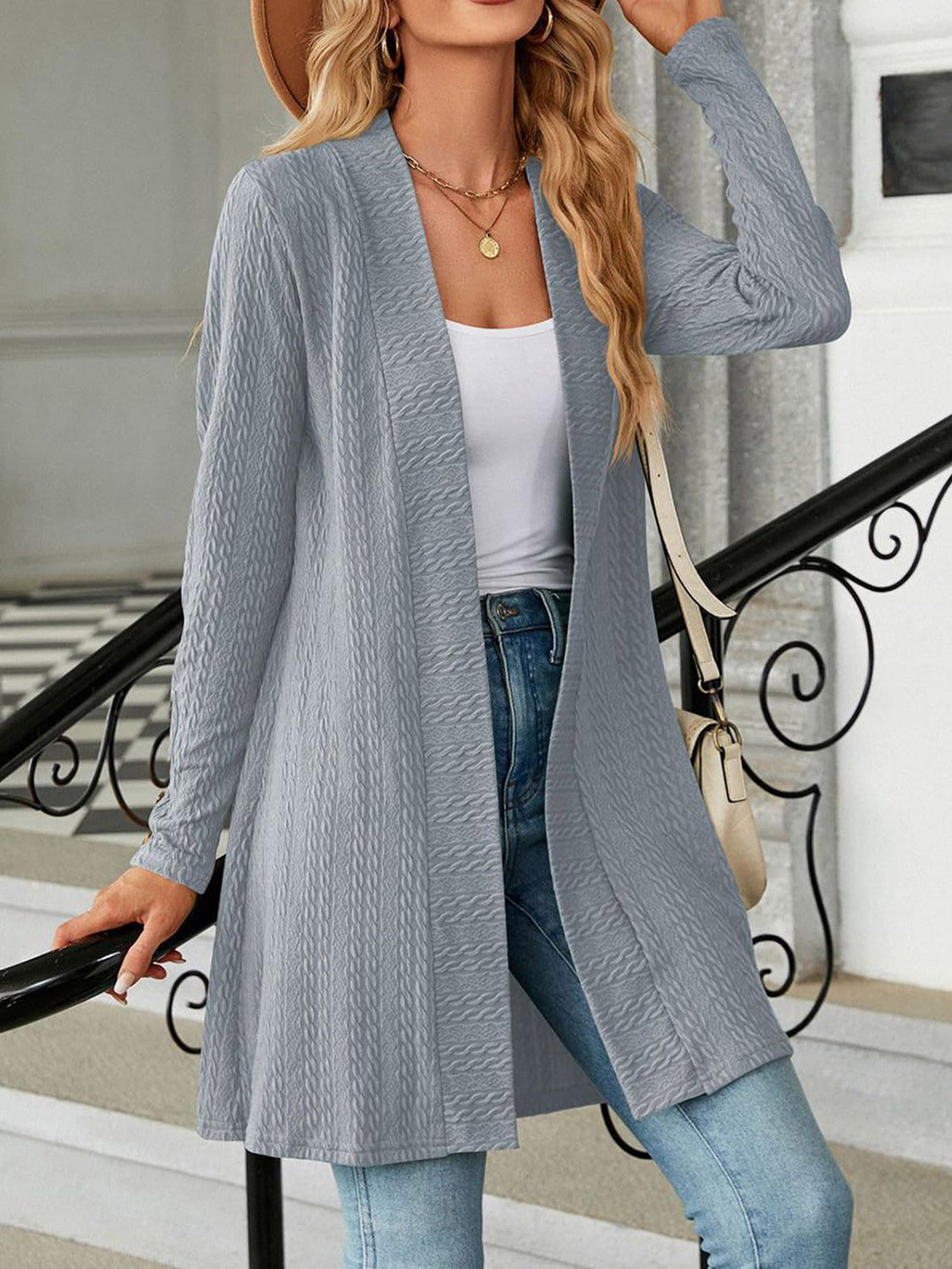 Open Front Long Sleeve Cardigan-TOPS / DRESSES-[Adult]-[Female]-Gray-S-2022 Online Blue Zone Planet