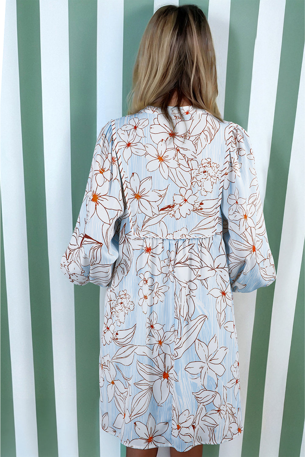 Brown Floral Print Tie Neck 3/4 Sleeve Mini Dress-TOPS / DRESSES-[Adult]-[Female]-2022 Online Blue Zone Planet
