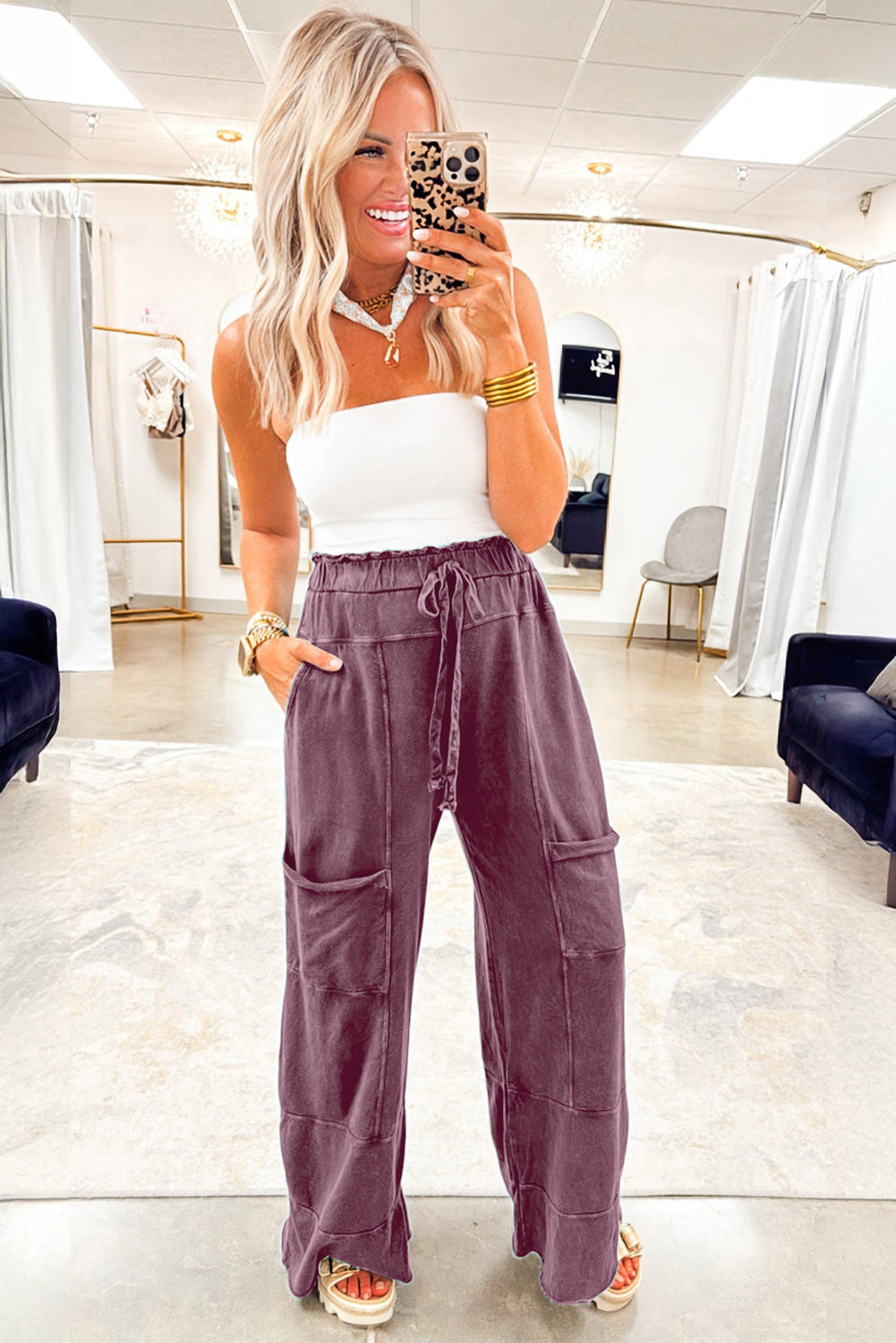 Wild Ginger Mineral Wash Lace-Up High Waist Raw Hem Patched Pocket Pants-Bottoms/Pants & Culotte-[Adult]-[Female]-2022 Online Blue Zone Planet