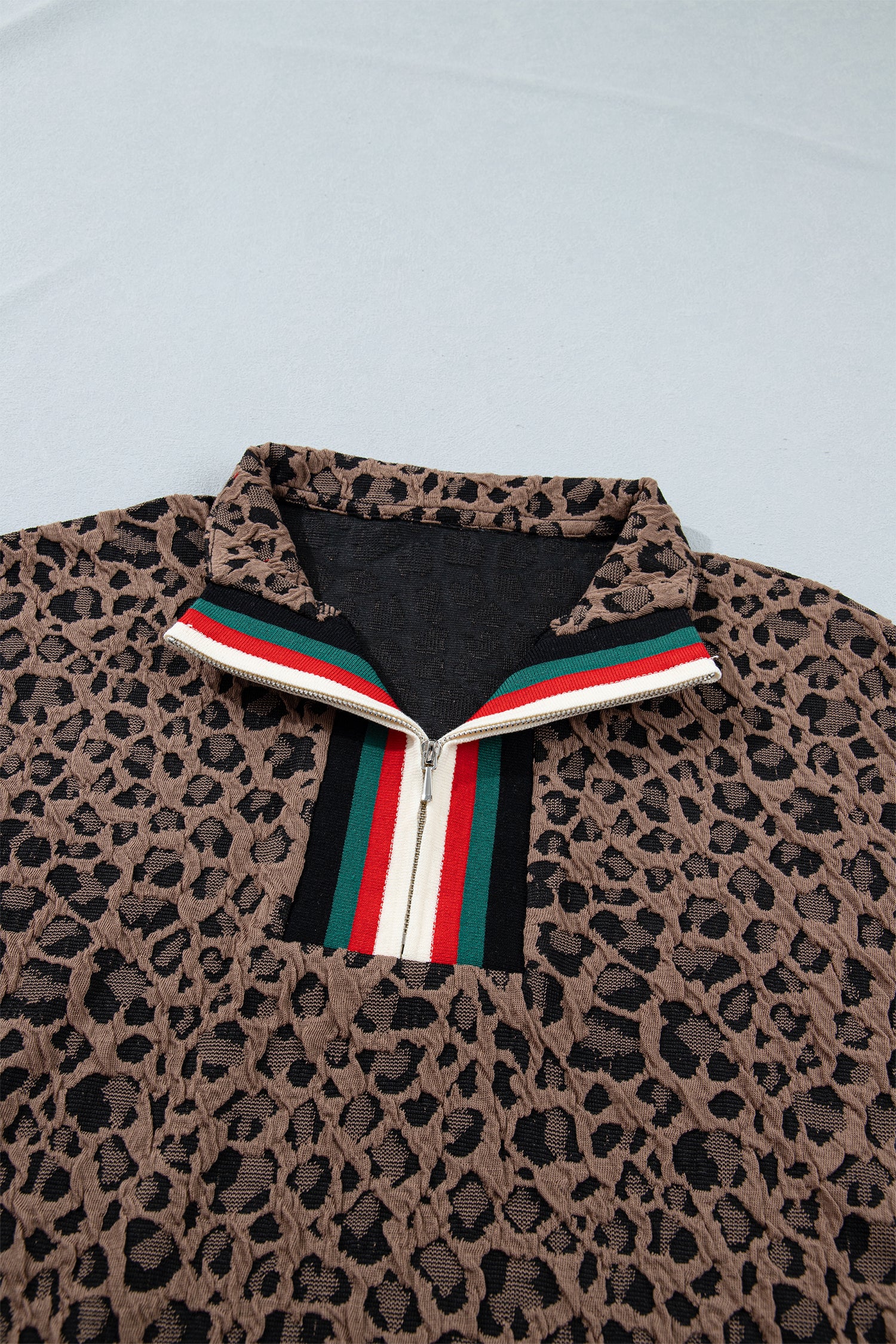 Brown Leopard Jacquard Striped Patchwork Half Zip Short Sleeve Blouse-Tops/Blouses & Shirts-[Adult]-[Female]-2022 Online Blue Zone Planet