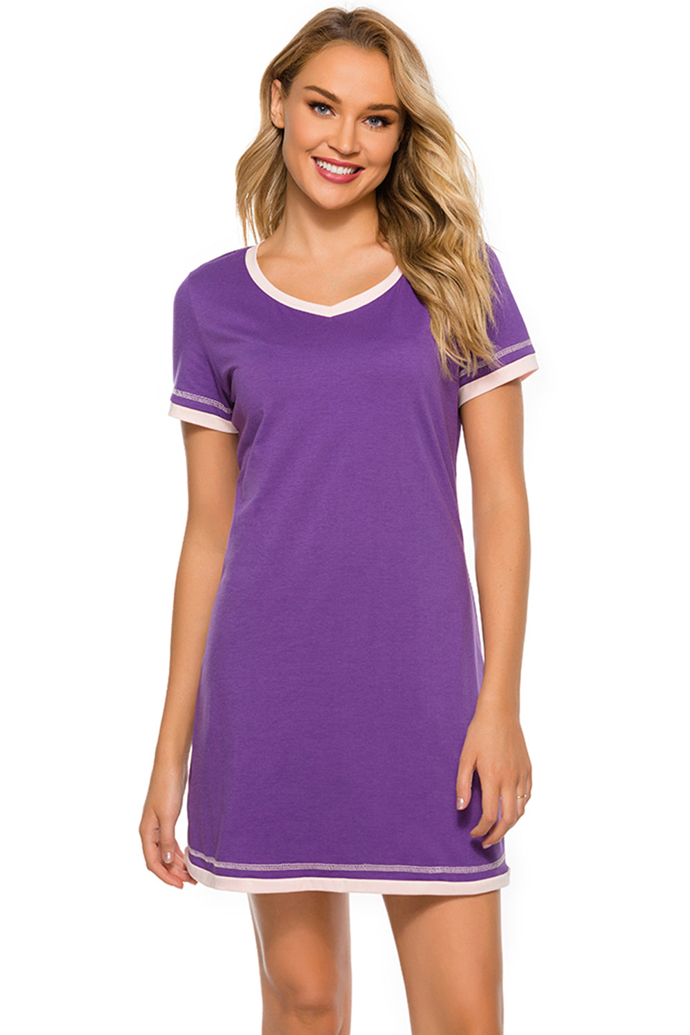 Blue Zone Planet | Contrast Trim Short Sleeve Lounge Dress-TOPS / DRESSES-[Adult]-[Female]-2022 Online Blue Zone Planet