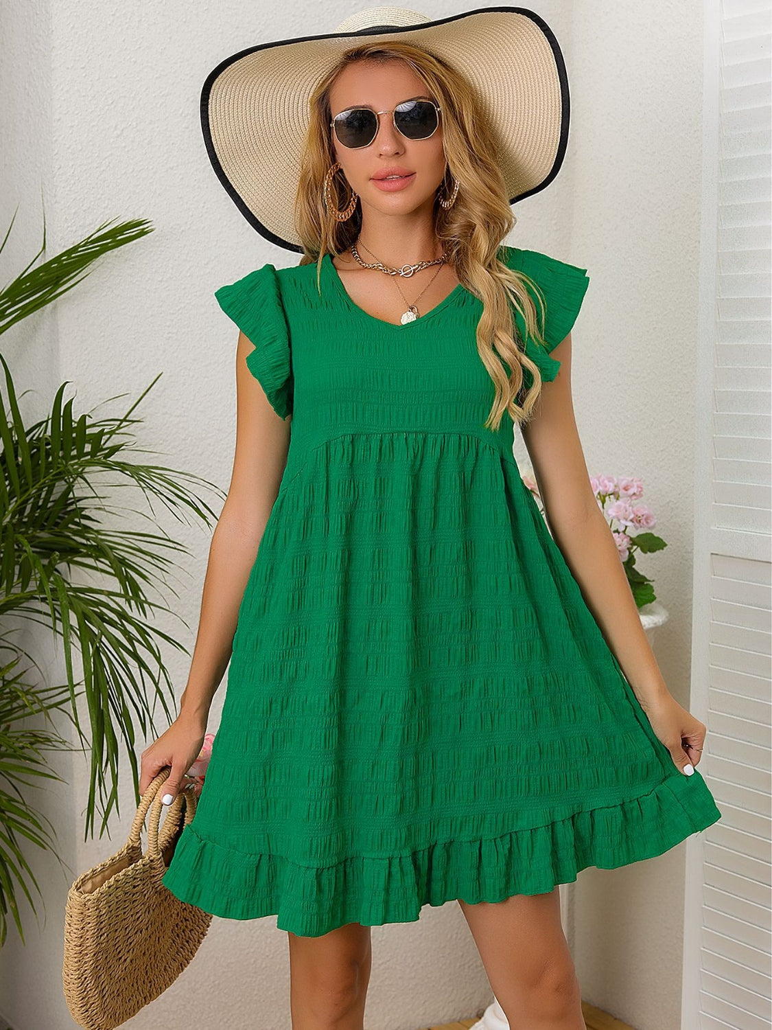 Ruffled Cap Sleeve Mini Dress-TOPS / DRESSES-[Adult]-[Female]-2022 Online Blue Zone Planet