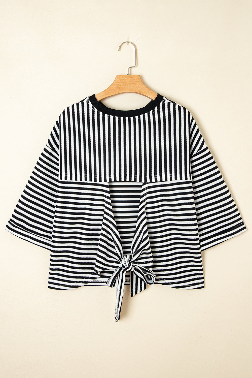 Black Stripe Bowknot Cutout Back Drop Shoulder Wide Bracelet Sleeve Loose Tee-Bracelet-[Adult]-[Female]-2022 Online Blue Zone Planet