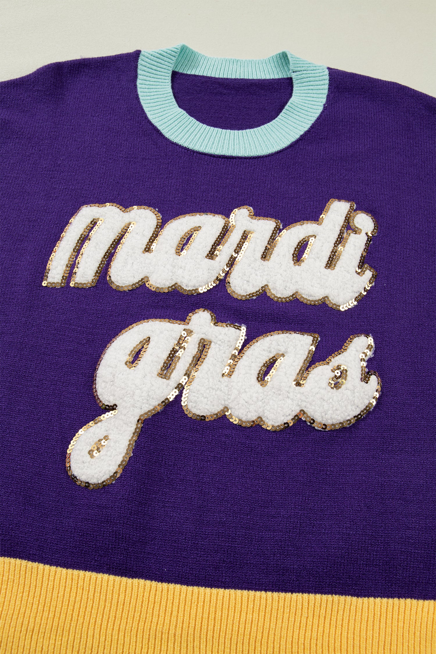 Tillandsia Purple Colorblock Patchwork Fuzzy Mardi Gras Graphic Sweater-TOPS / DRESSES-[Adult]-[Female]-2022 Online Blue Zone Planet