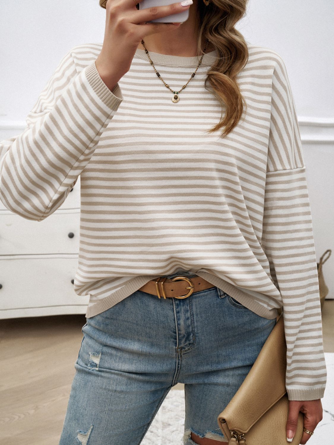 Striped Round Neck Dropped Shoulder Sweater-TOPS / DRESSES-[Adult]-[Female]-2022 Online Blue Zone Planet