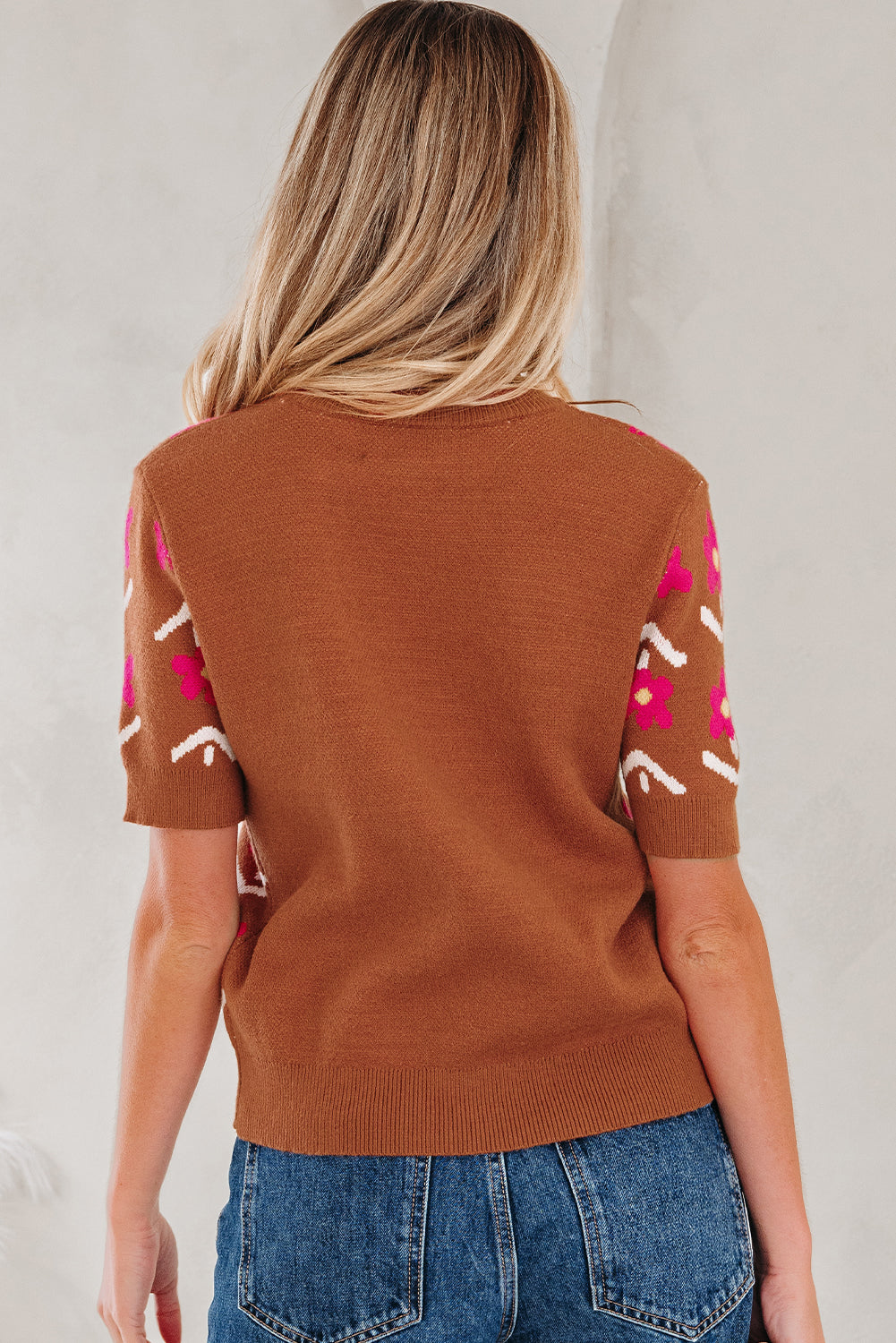 Brown Floral Short Puff Sleeve Sweater-TOPS / DRESSES-[Adult]-[Female]-2022 Online Blue Zone Planet