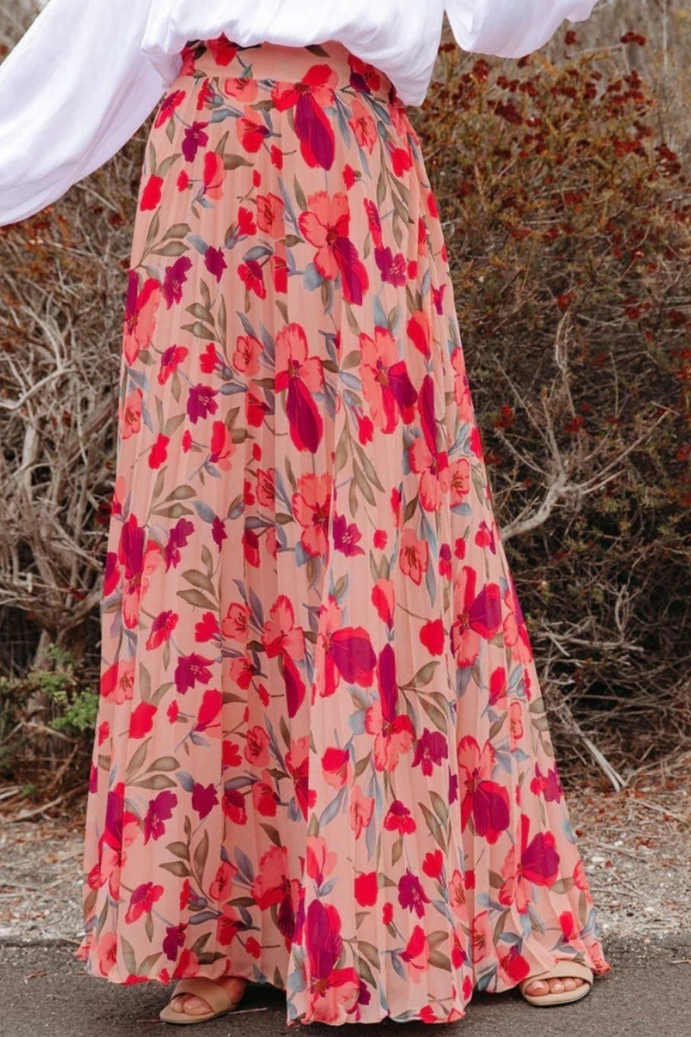 Printed Elastic Waist Pleated Maxi Skirt-BOTTOMS SIZES SMALL MEDIUM LARGE-[Adult]-[Female]-Hot Pink-S-2022 Online Blue Zone Planet