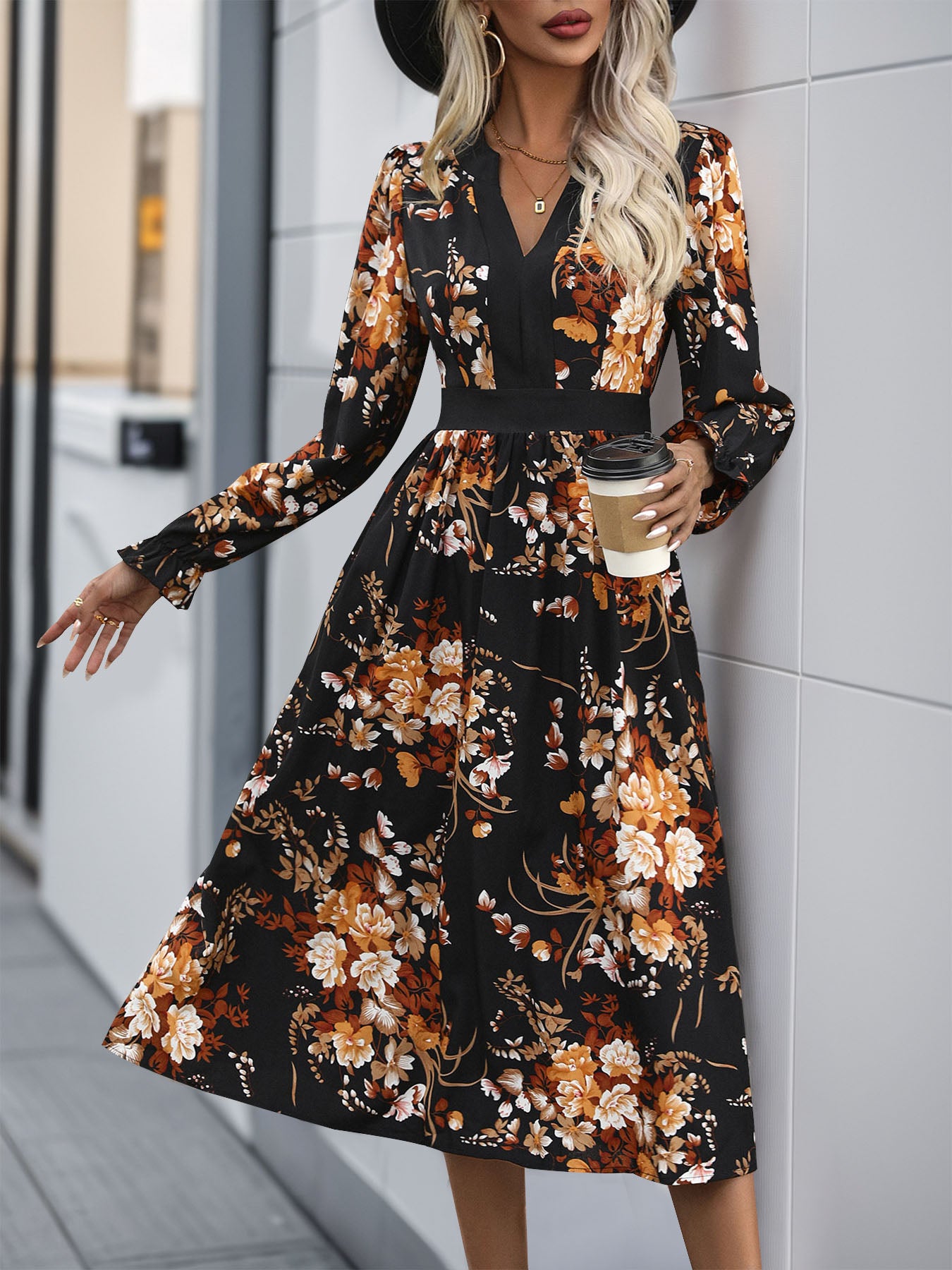 Printed Notched Long Sleeve Midi Dress-TOPS / DRESSES-[Adult]-[Female]-2022 Online Blue Zone Planet