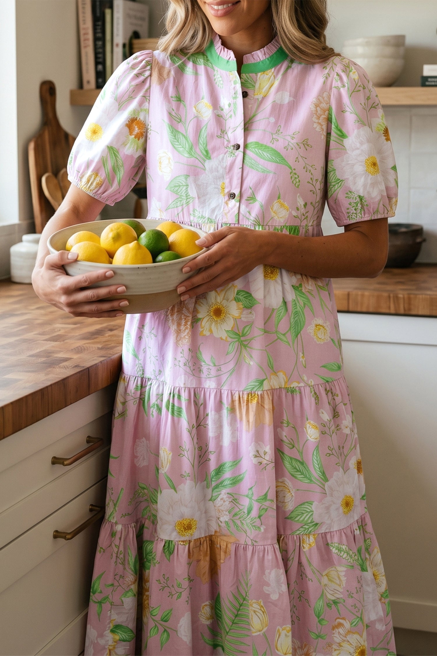 Pink Floral Print Short Puff Sleeve High Waist Tiered Maxi Dress-TOPS / DRESSES-[Adult]-[Female]-2022 Online Blue Zone Planet