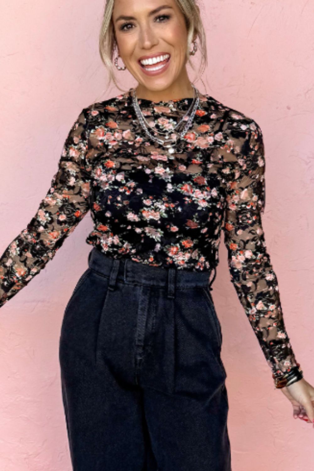 Floral Round Neck Long Sleeve Blouse-TOPS / DRESSES-[Adult]-[Female]-2022 Online Blue Zone Planet