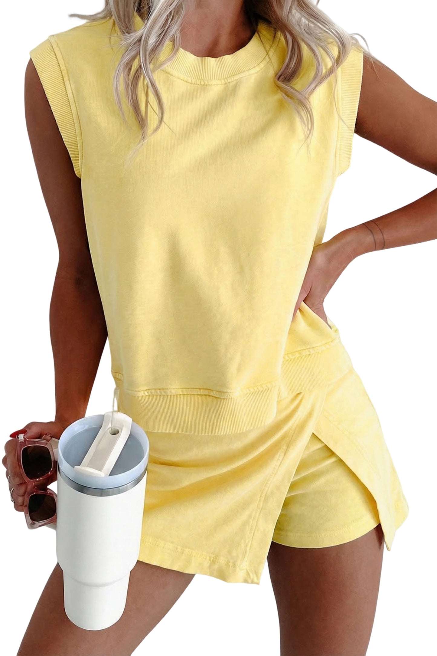 Yellow Cream 2 Pieces Mineral Wash Cotton Tank Top Lined Split Skort Set-Two Piece Sets/Two Piece Dresses-[Adult]-[Female]-2022 Online Blue Zone Planet