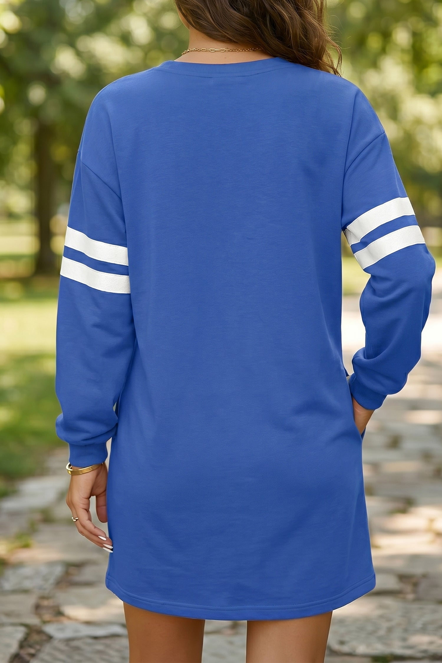 Sky Blue Varsity Contrast Banded Sleeve Shift Sweatshirt Dress-TOPS / DRESSES-[Adult]-[Female]-2022 Online Blue Zone Planet