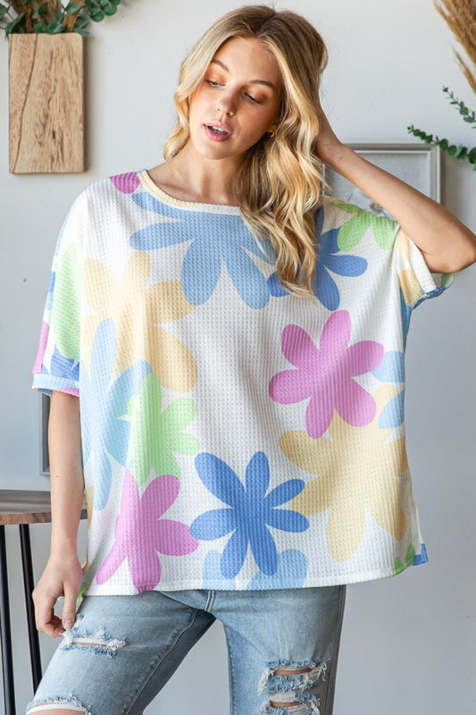 Blue Zone Planet | HOPELY Floral Round Neck Waffle T-Shirt-TOPS / DRESSES-[Adult]-[Female]-Off-White-S-2022 Online Blue Zone Planet