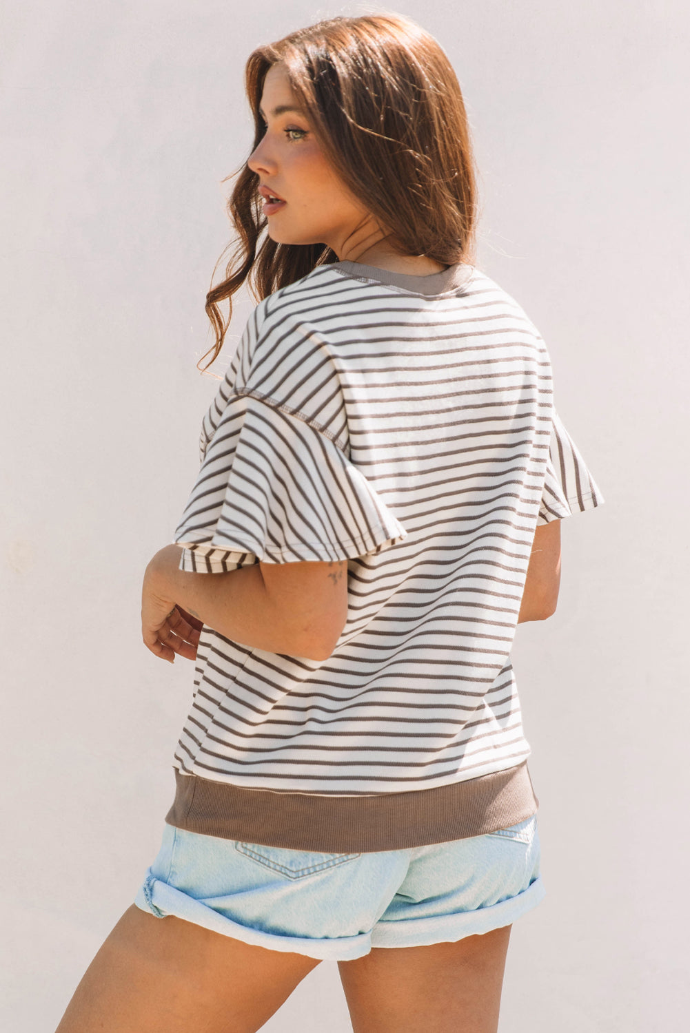 Parchment Contrast Detail Striped Ruffle Short Sleeve Top-Tops/Blouses & Shirts-[Adult]-[Female]-2022 Online Blue Zone Planet
