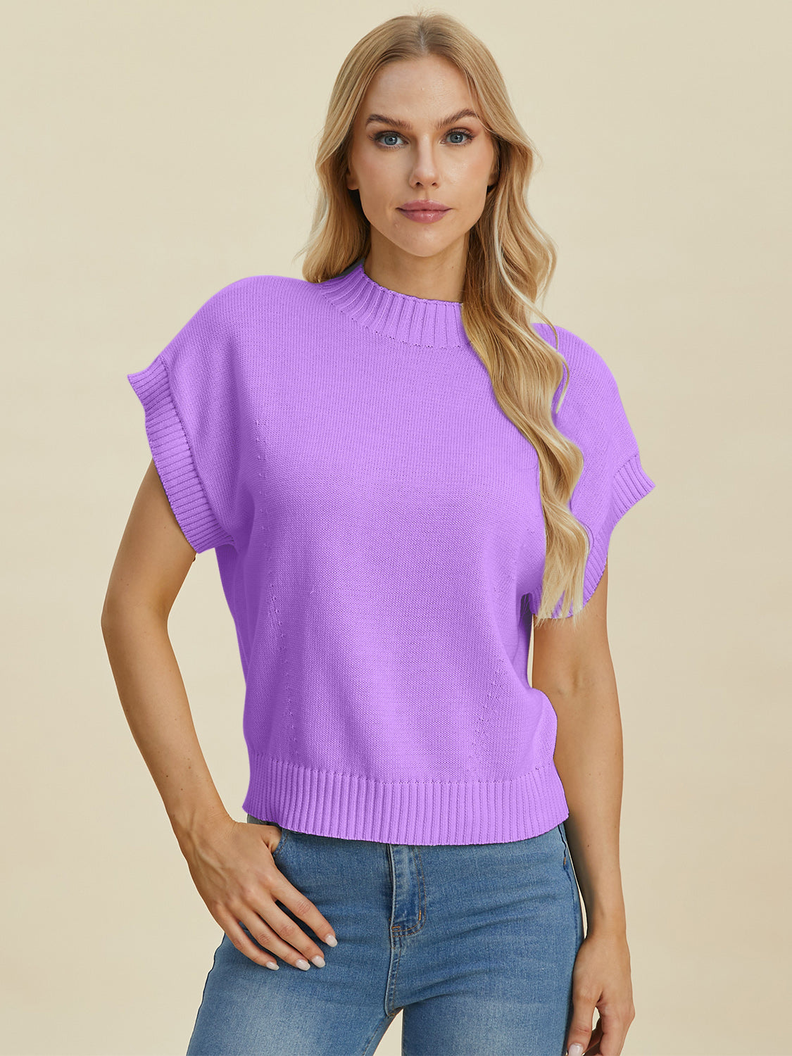 Double Take Full Size Mock Neck Short Sleeve Sweater-TOPS / DRESSES-[Adult]-[Female]-2022 Online Blue Zone Planet