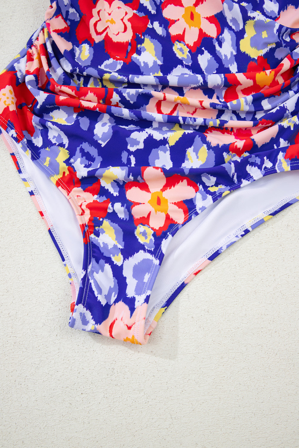 Blue Floral Ruffle Trim V Neck Lace-Up Back Tummy Control One Piece Swimsuit-Swimwear/One Piece Swimsuit-[Adult]-[Female]-2022 Online Blue Zone Planet