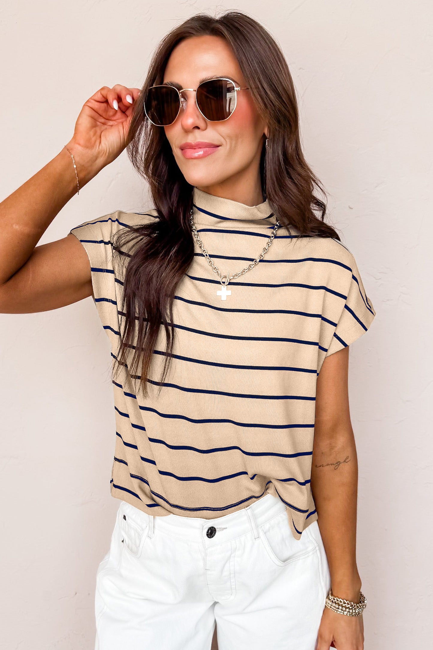 Khaki Stripe Mock Neck Short Sleeve Loose Top-Tops/Tops & Tees-[Adult]-[Female]-2022 Online Blue Zone Planet
