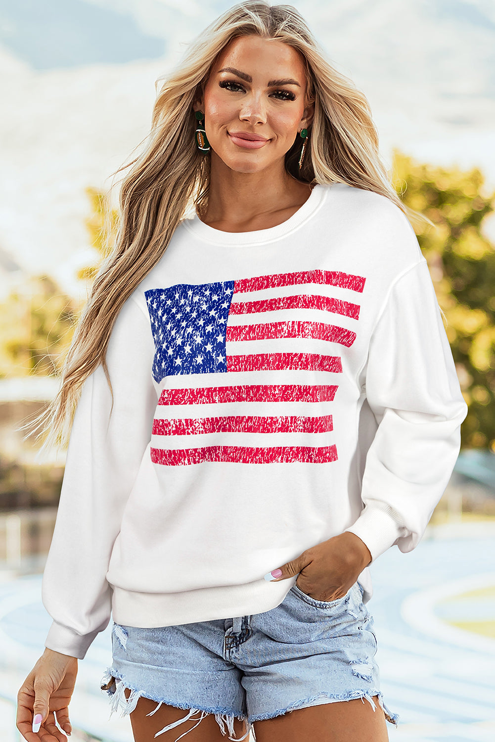White American Flag Graphic Drop Shoulder Loose Sweatshirt-Tops/Sweatshirts & Hoodies-[Adult]-[Female]-White-S-2022 Online Blue Zone Planet