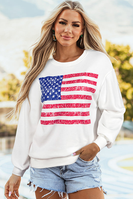White American Flag Graphic Drop Shoulder Loose Sweatshirt-Tops/Sweatshirts & Hoodies-[Adult]-[Female]-White-S-2022 Online Blue Zone Planet