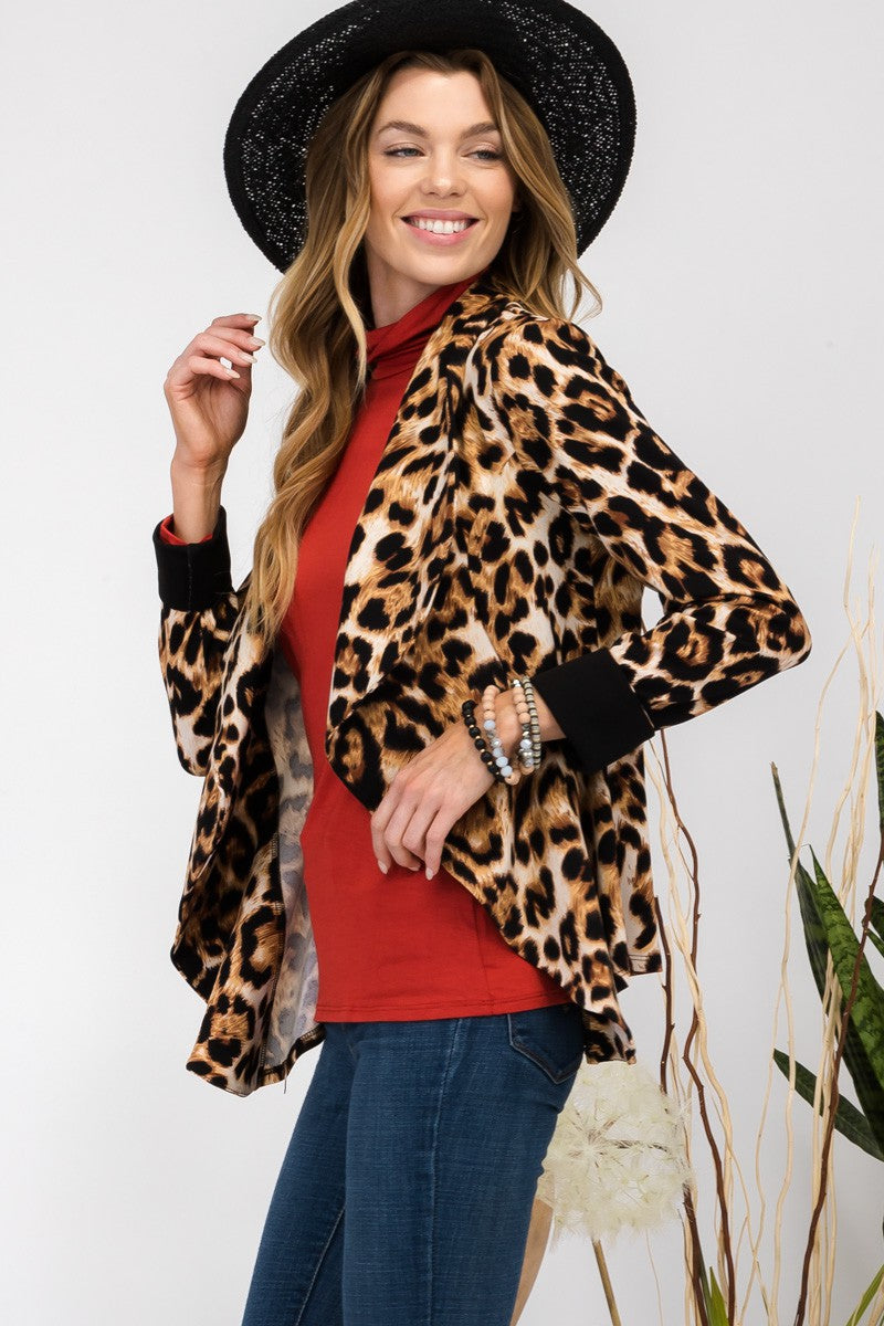 Celeste Full Size Leopard Open Front Long Sleeve Blazer-TOPS / DRESSES-[Adult]-[Female]-2022 Online Blue Zone Planet