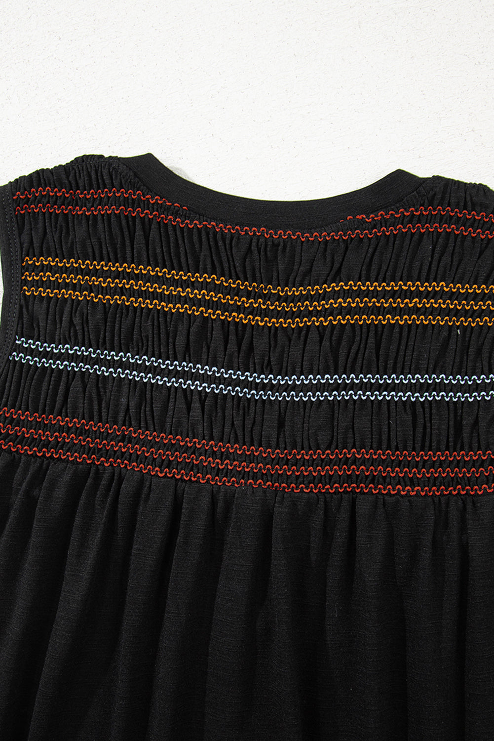 Black Colorful Shirred Yoke Notched V Neck Tank Top-Tops/Tank Tops-[Adult]-[Female]-2022 Online Blue Zone Planet