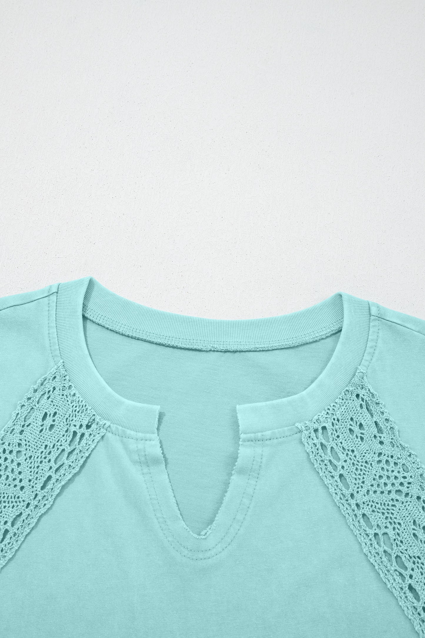 Mint Green Raw Cut Notched Neck Lace Patchwork Detail Mineral Wash Tee-Tops/Tops & Tees-[Adult]-[Female]-2022 Online Blue Zone Planet