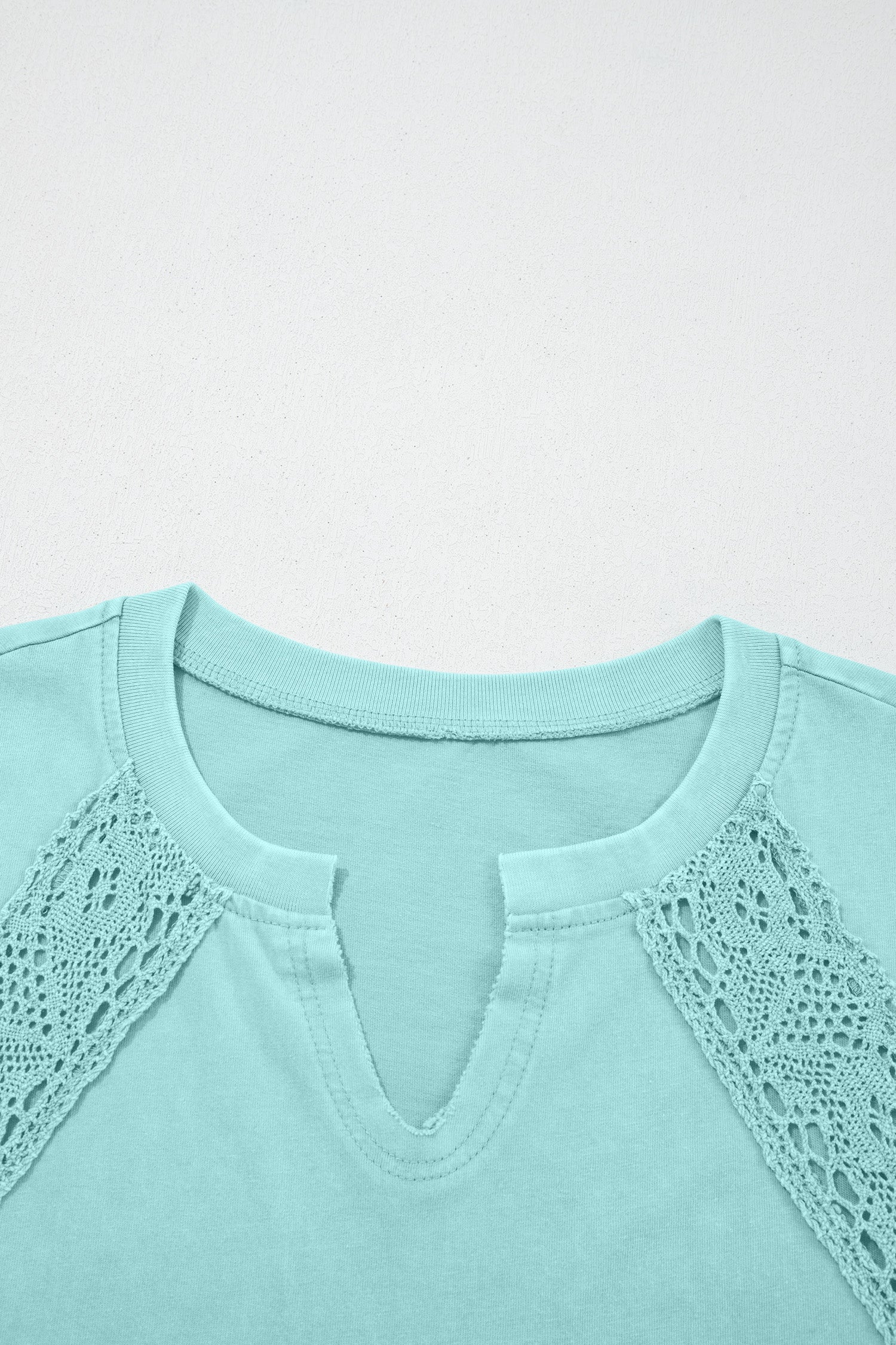 Mint Green Raw Cut Notched Neck Lace Patchwork Detail Mineral Wash Tee-Tops/Tops & Tees-[Adult]-[Female]-2022 Online Blue Zone Planet