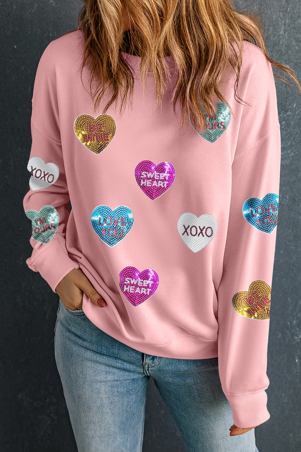 Pink Sequin Romantic Sweet Heart Graphic Valentines Sweatshirt-Graphic Tees-[Adult]-[Female]-2022 Online Blue Zone Planet