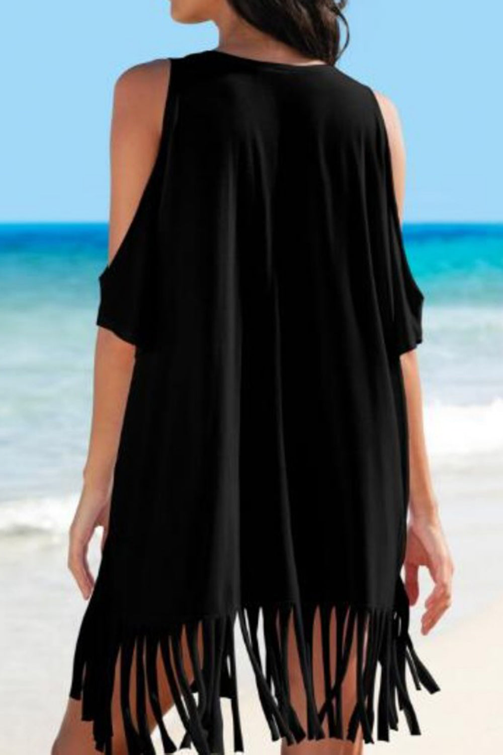 Fringe V-Neck Cold Shoulder Cover Up-TOPS / DRESSES-[Adult]-[Female]-2022 Online Blue Zone Planet