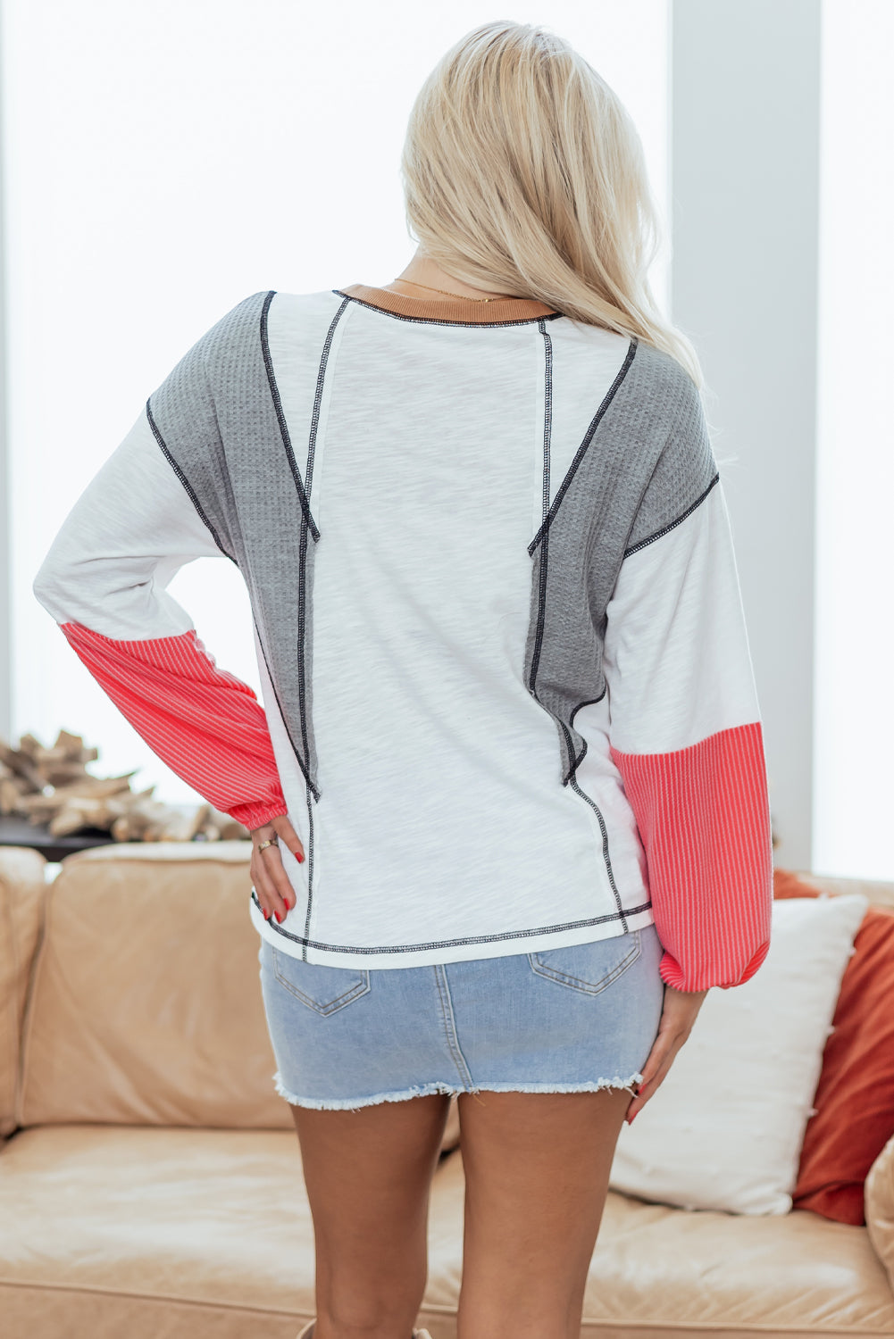 White Contrast Block Mixed Textured Knit Patchwork Casual Top-Tops/Long Sleeve Tops-[Adult]-[Female]-2022 Online Blue Zone Planet
