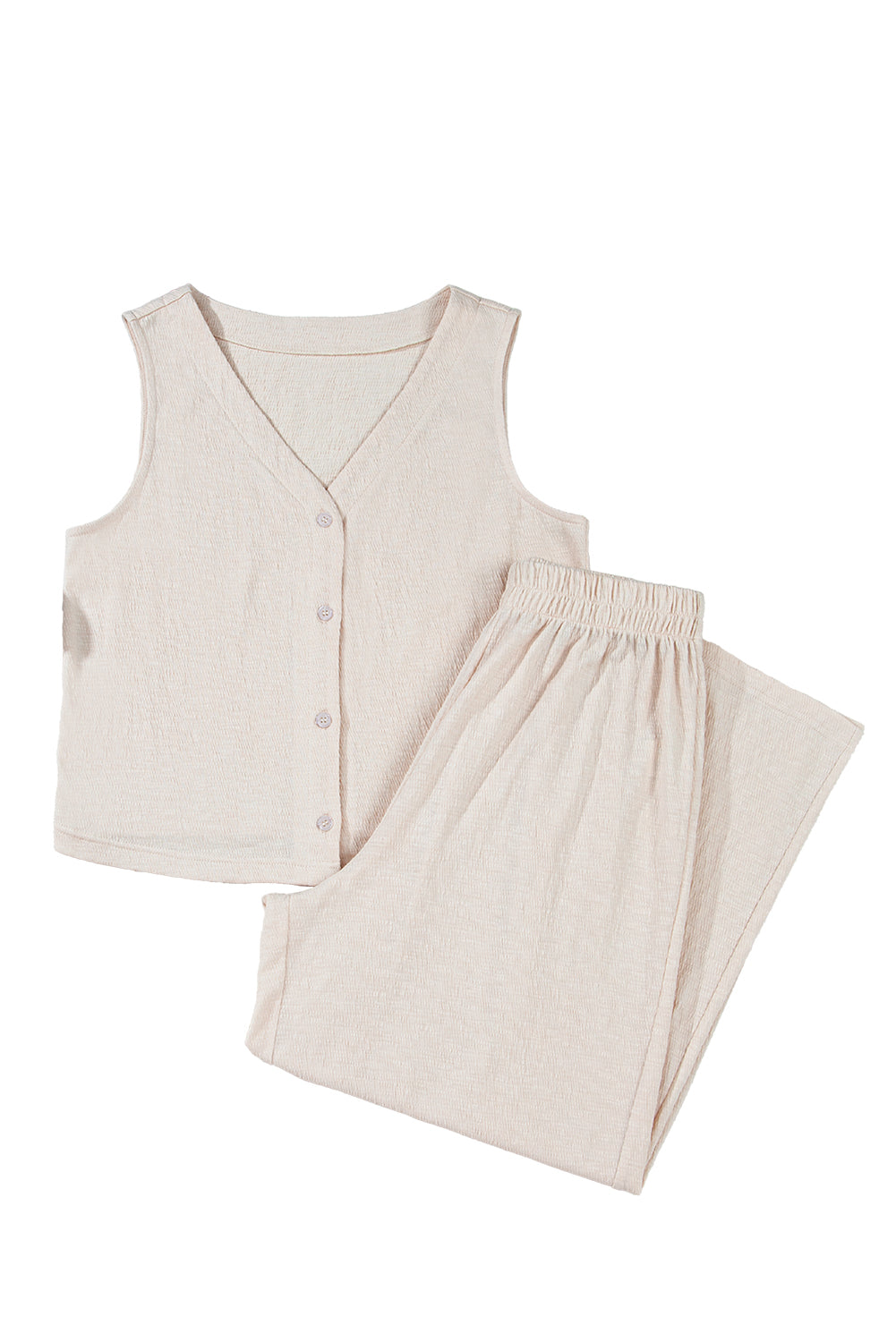 Apricot Buttoned V Neck Tank Top and Wide Leg Pants Casual Outfit-Two Piece Sets/Pant Sets-[Adult]-[Female]-2022 Online Blue Zone Planet
