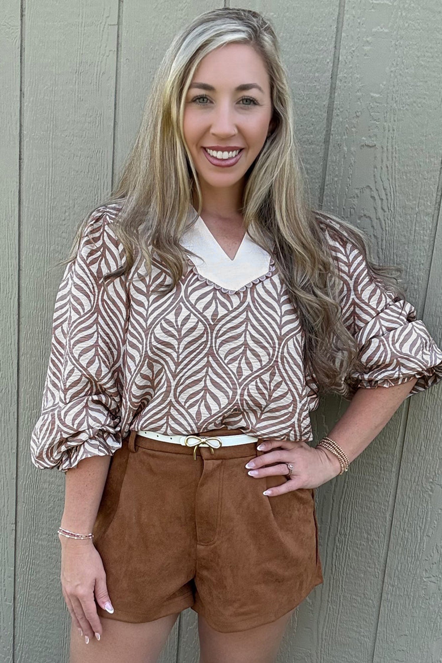 Brown Leaf Print Standing Collar Puff Sleeve Top-Tops/Blouses & Shirts-[Adult]-[Female]-2022 Online Blue Zone Planet