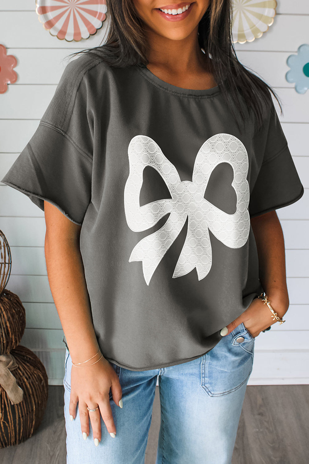 Sea Green Lace Bow Raw Edge Drop Shoulder Casual T Shirt-Tops/Tops & Tees-[Adult]-[Female]-Medium Grey-S-2022 Online Blue Zone Planet