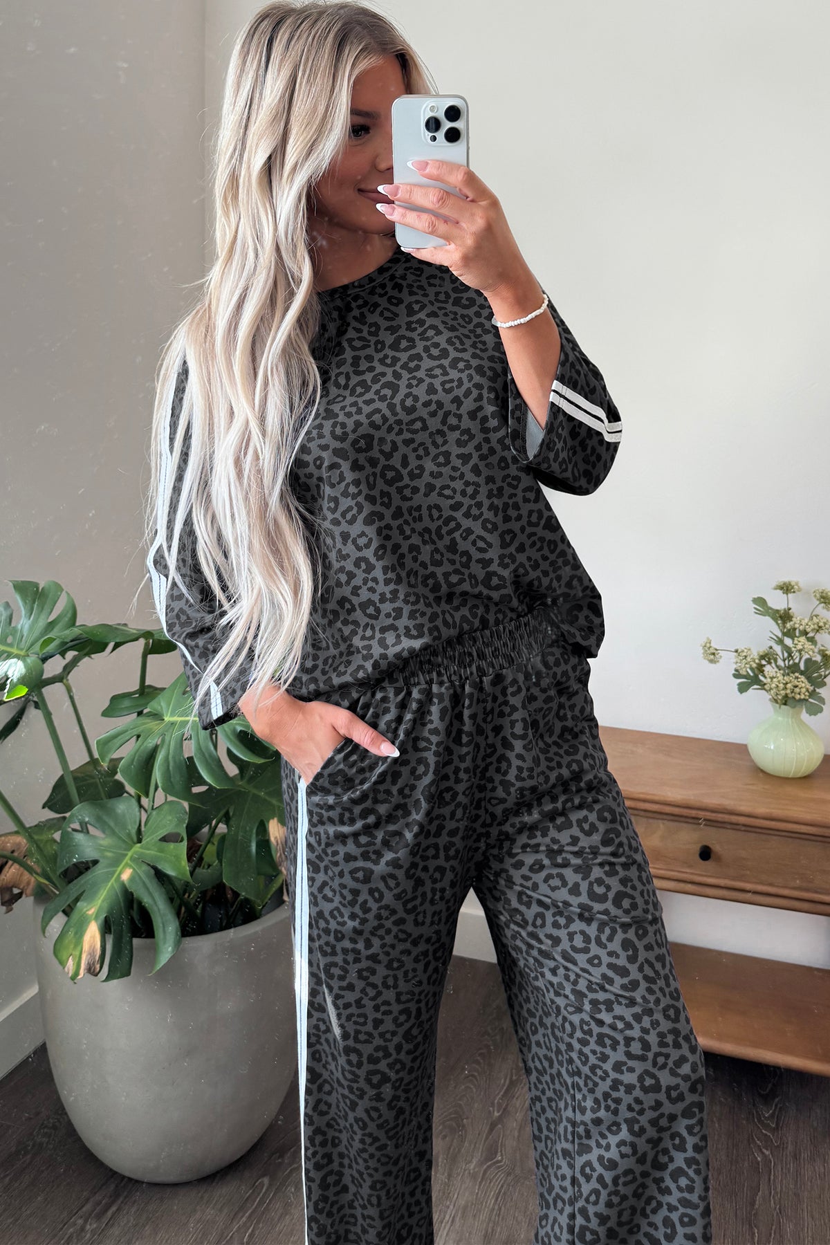 Pink Leopard Print Varsity Striped Detail 3/4 Sleeve Top Shift Pant Set-Two Piece Sets/Pant Sets-[Adult]-[Female]-2022 Online Blue Zone Planet