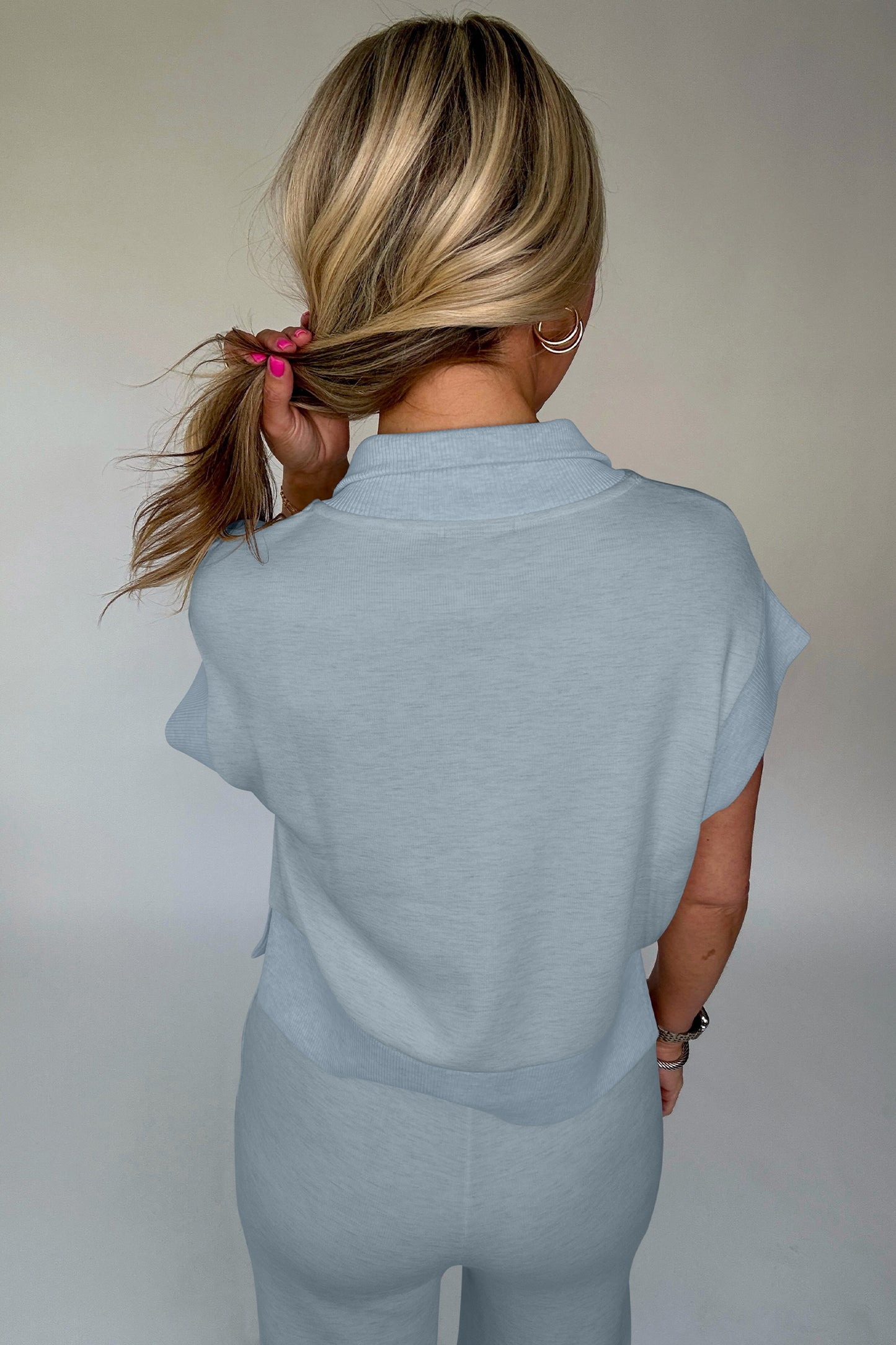 Beau Blue Half Zip Polo Tee Casual Pant Set-Two Piece Sets/Pant Sets-[Adult]-[Female]-2022 Online Blue Zone Planet