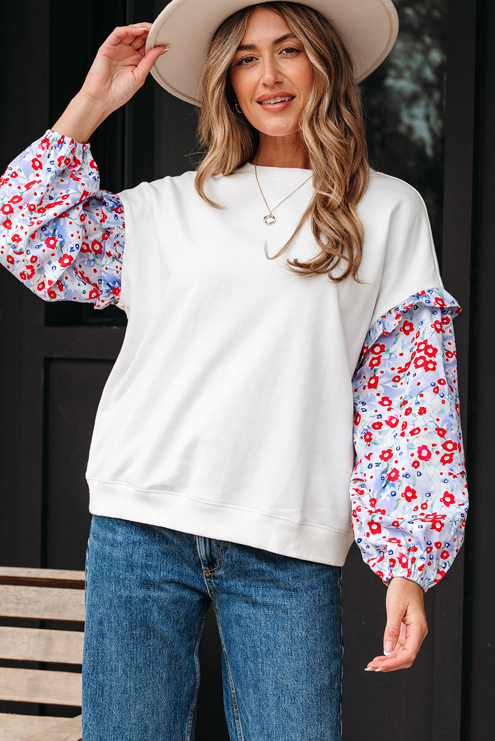 White Floral Ruffled Balloon Sleeve Patchwork Loose Blouse-Tops/Blouses & Shirts-[Adult]-[Female]-2022 Online Blue Zone Planet