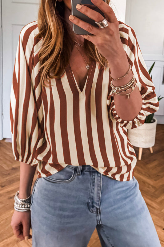 Brown Stripe V Neck Half Sleeve Casual Blouse-Tops/Blouses & Shirts-[Adult]-[Female]-Brown Stripe-S-2022 Online Blue Zone Planet