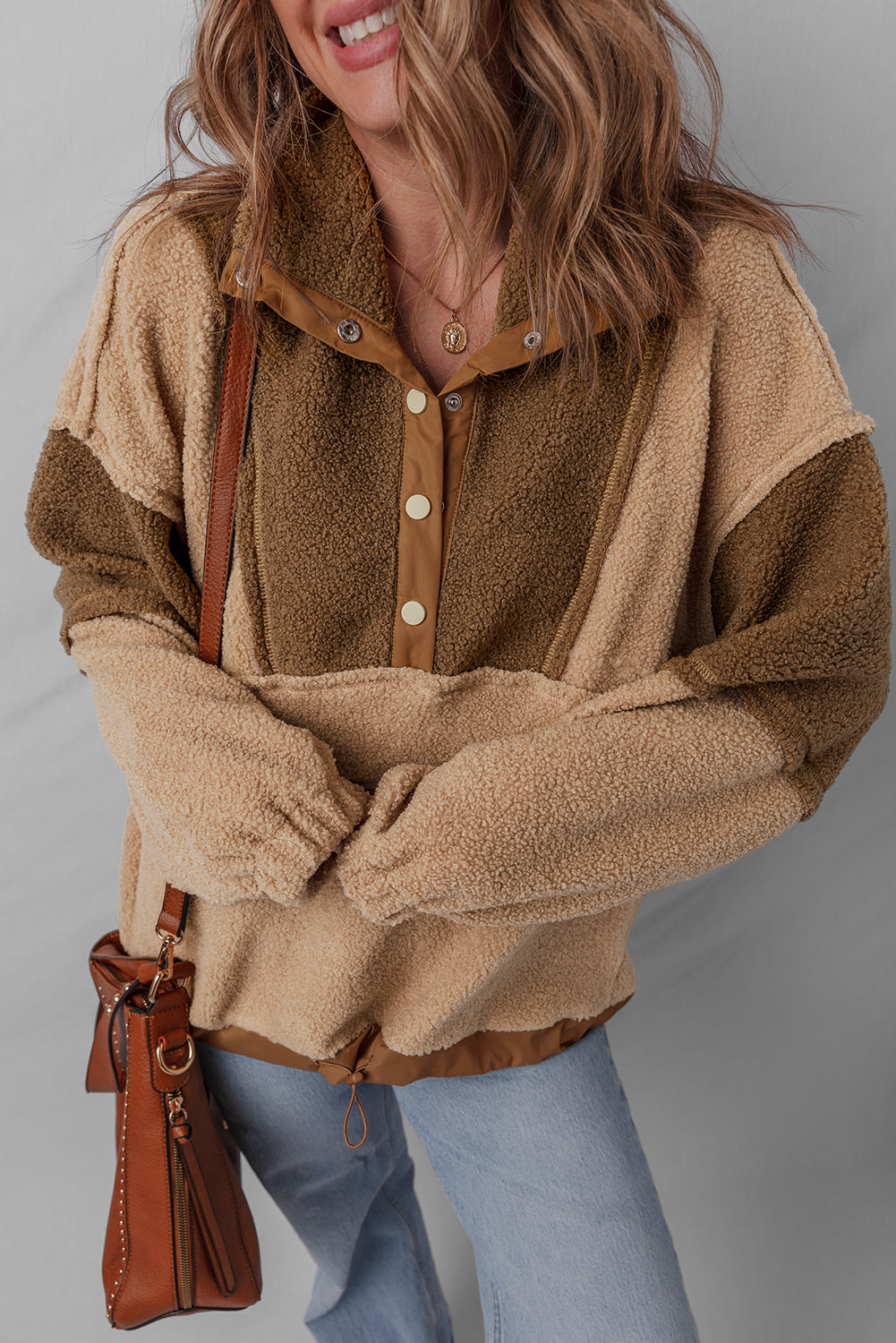 Straw Yellow 2-tone Color Block Patchwork Half Button Sherpa Sweatshirt-Tops/Sweatshirts & Hoodies-[Adult]-[Female]-2022 Online Blue Zone Planet