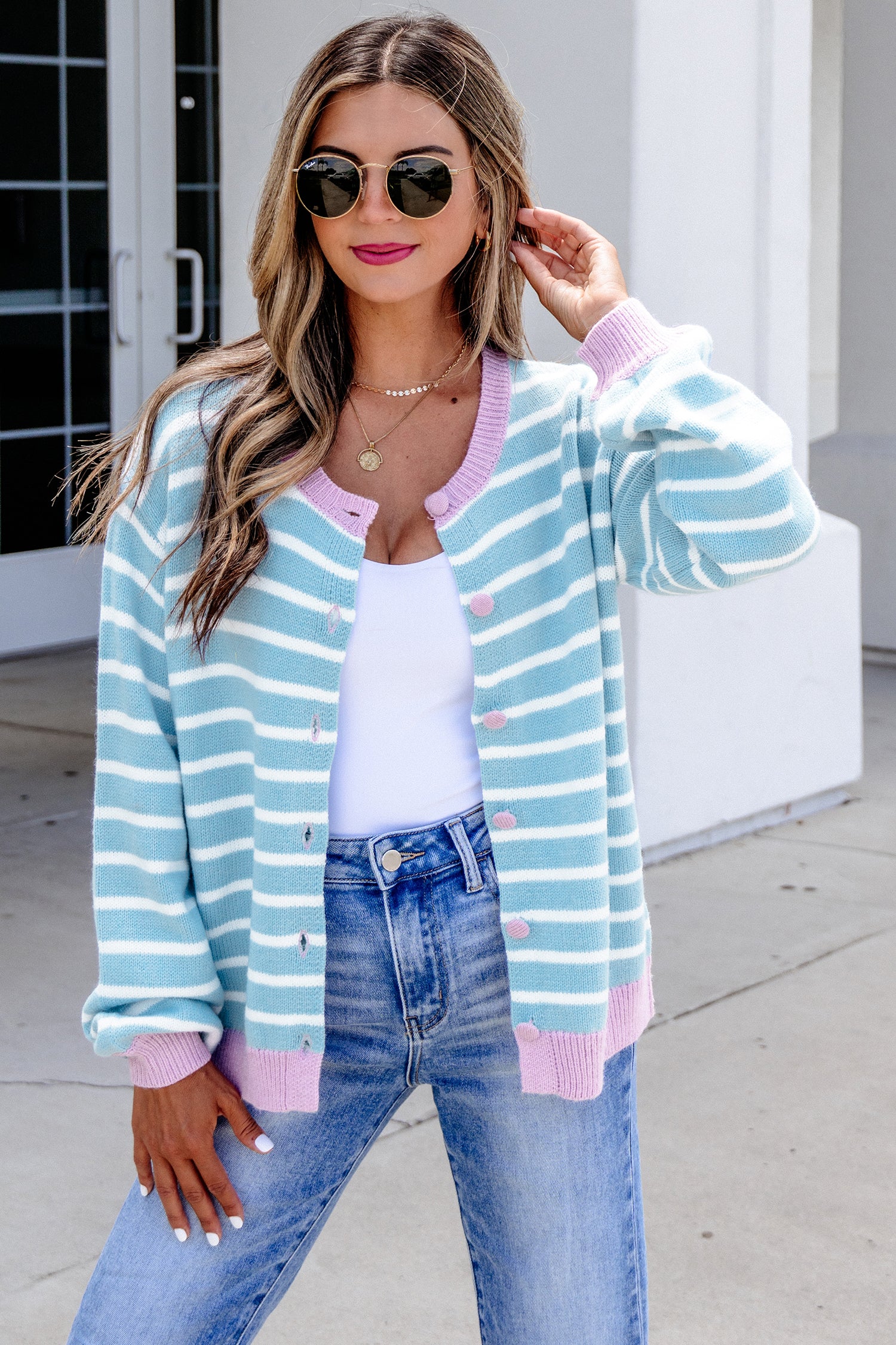 Sky Blue Stripe Contrast Trim Button Down Casual Sweater Cardigan-TOPS / DRESSES-[Adult]-[Female]-2022 Online Blue Zone Planet