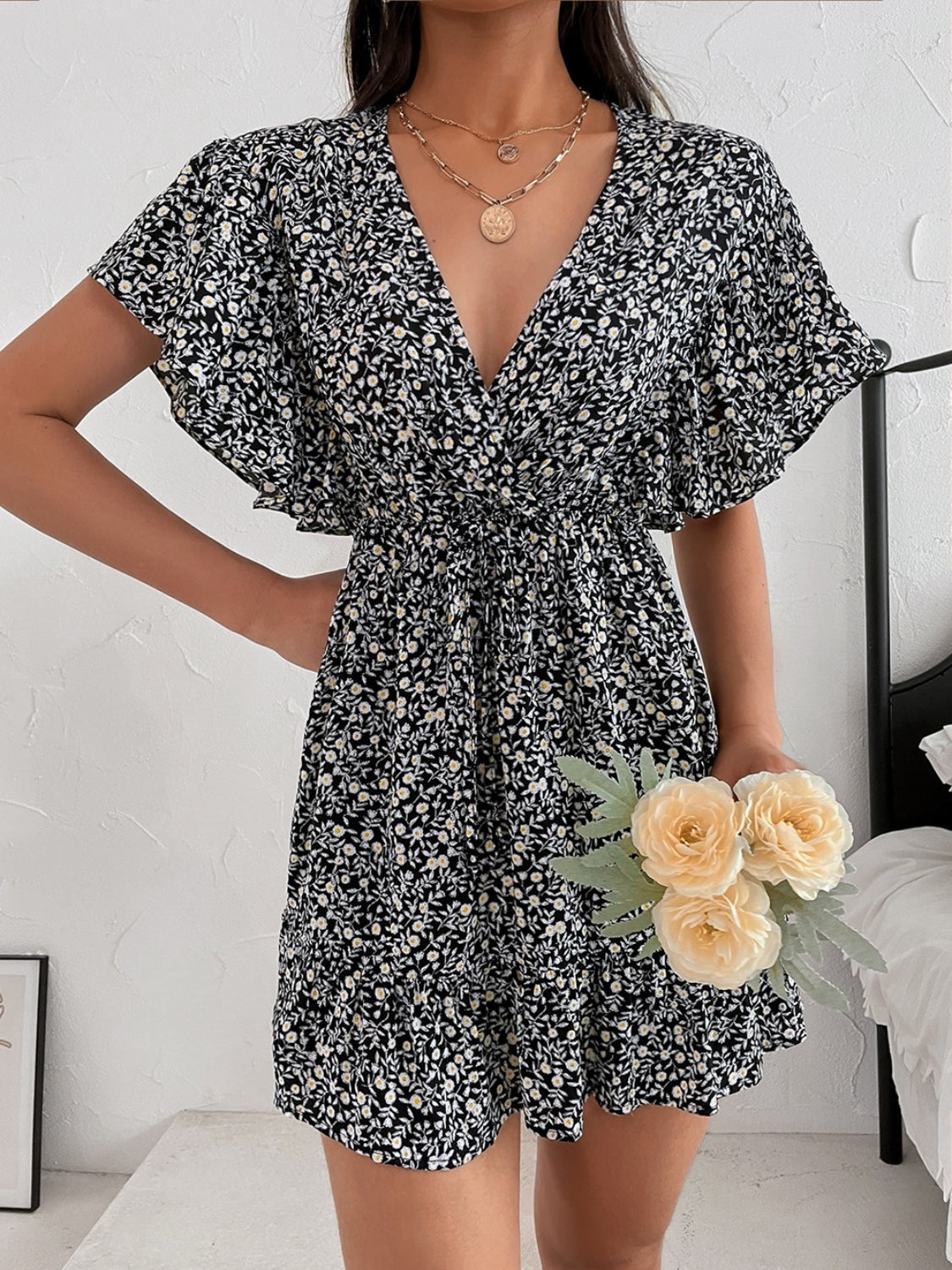 Cutout Ditsy Floral Surplice Flounce Sleeve Dress-TOPS / DRESSES-[Adult]-[Female]-2022 Online Blue Zone Planet