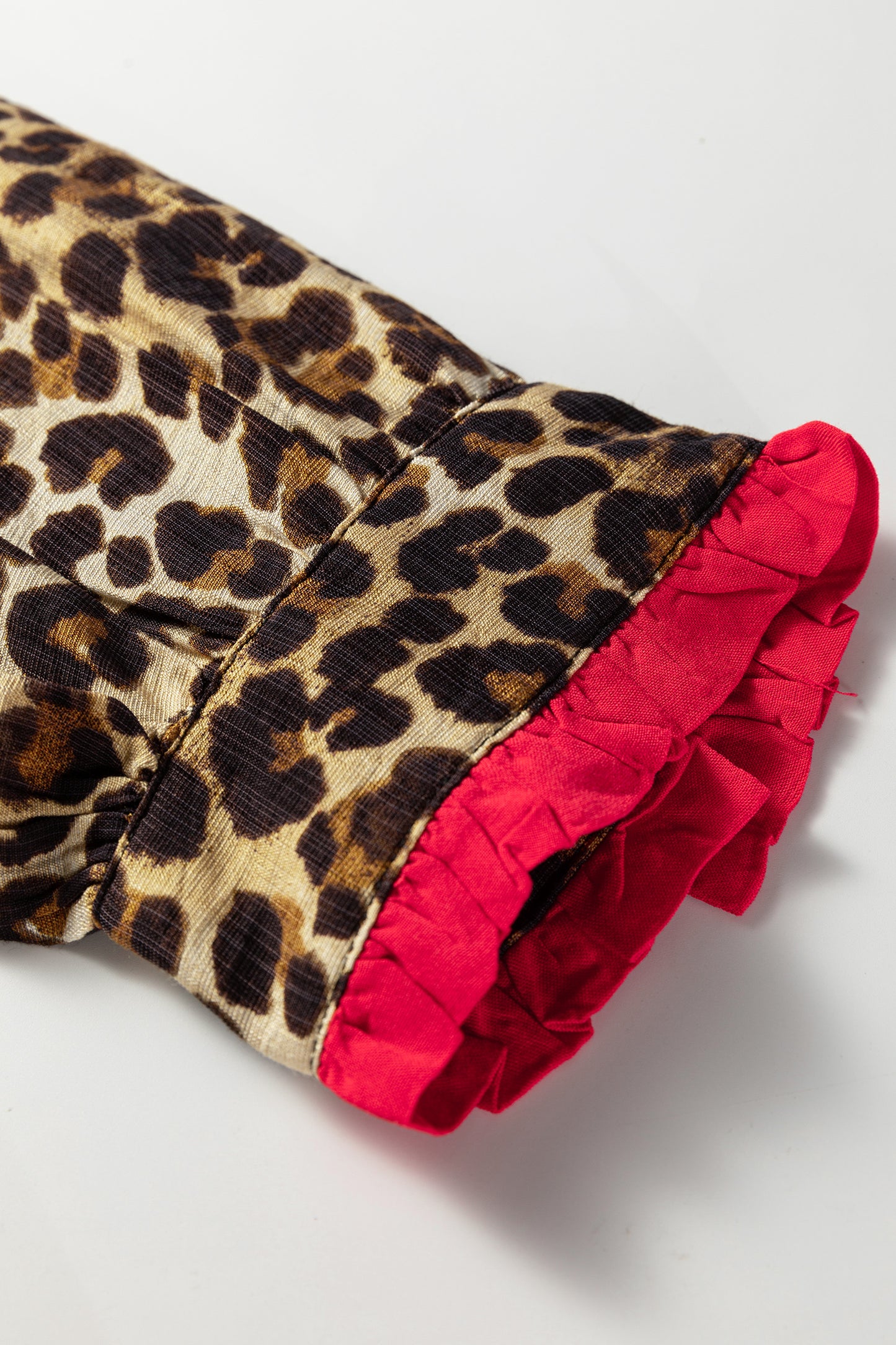 Brown Fierce Leopard Allure Contrast Ruffle Trim V Neck Shirt-Tops/Blouses & Shirts-[Adult]-[Female]-2022 Online Blue Zone Planet