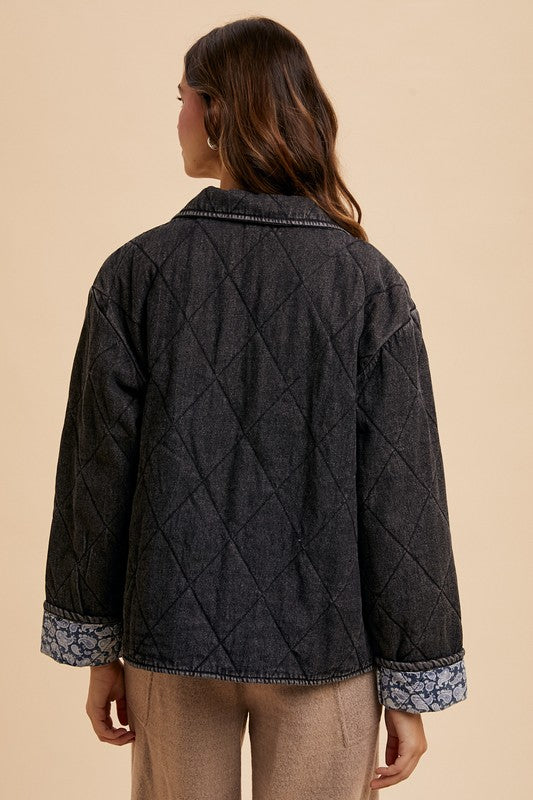 Annie Wear Quilted Printed Lining Snap Down Denim Jacket-TOPS / DRESSES-[Adult]-[Female]-2022 Online Blue Zone Planet