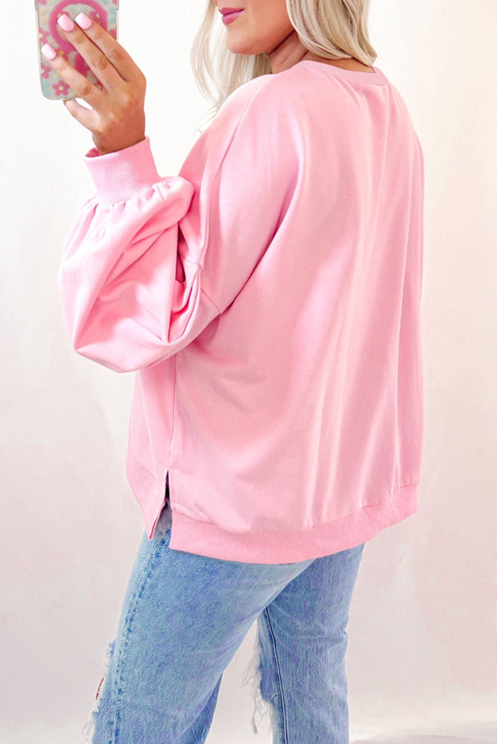 Blue Zone Planet | Light Pink Embroidered Bow Lantern Sleeve Oversized Pullover Sweatshirt-Tops/Sweatshirts & Hoodies-[Adult]-[Female]-2022 Online Blue Zone Planet