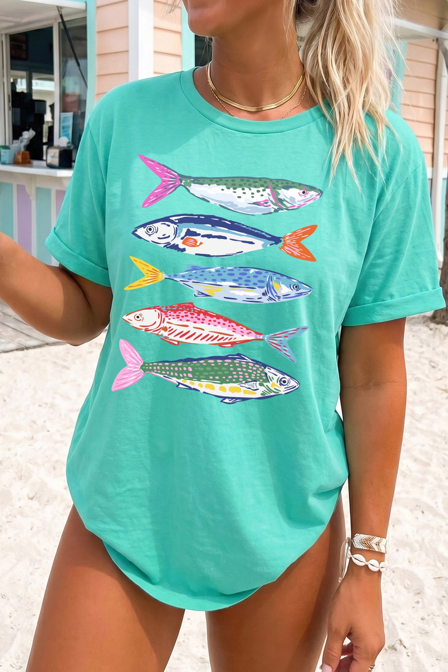 Mint Green Vibrant Fish Print Casual Short Sleeve T Shirt-Graphic/Graphic Tees-[Adult]-[Female]-Mint Green-S-2022 Online Blue Zone Planet